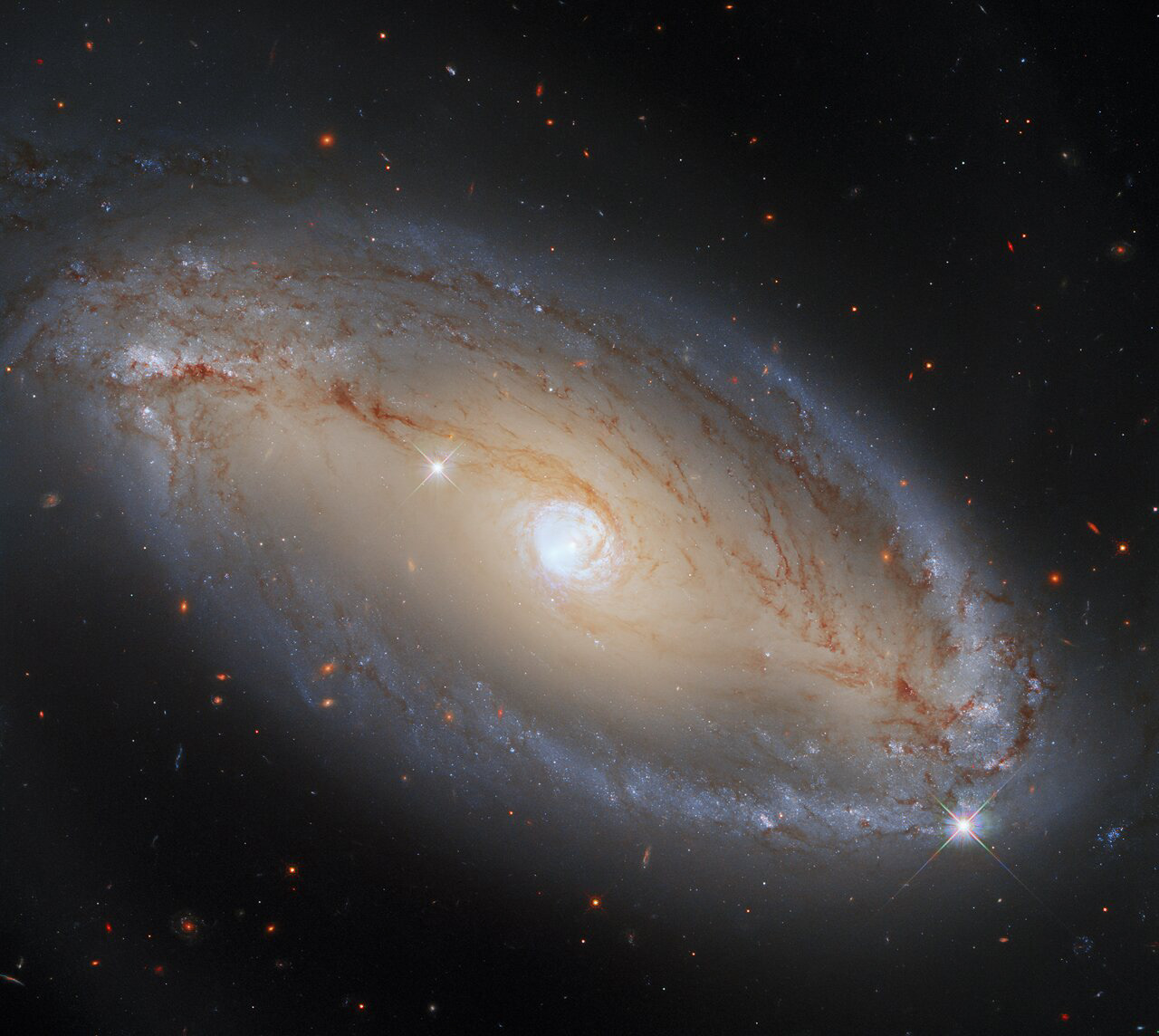 Meet NGC 5728, a spiral galaxy around 130 million light-years from Earth. This image was captured using Hubble’s Wide Field Camera 3 (WFC3), which is extremely sensitive to visible and infrared light. Therefore, this image beautifully captures the regions of NGC 5728 that are emitting visible and infrared light. However, there are many other types of light that galaxies such as NGC 5728 can emit, which WFC3 cannot see.  In this image, NCG 5728 appears to be an elegant, luminous, barred spiral galaxy. What this image does not show, however, is that NGC 5728 is also a monumentally energetic type of galaxy, known as a Seyfert galaxy. This extremely energetic class of galaxies are powered by their active cores, which are known as active galactic nuclei (AGNs). There are many different types of AGNs, and only some of them power Seyfert galaxies. NGC 5728, like all Seyfert galaxies, is distinguished from other galaxies with AGNs because the galaxy itself can be seen clearly. Other types of AGNs, such as quasars, emit so much radiation that it is almost impossible to observe the galaxy that houses them. As this image shows, NGC 5728 is clearly observable, and at optical and infrared wavelengths it looks quite normal. It is fascinating to know that the galaxy’s centre is emitting vast amounts of light in parts of the electromagnetic spectrum that WFC3 just isn’t sensitive to! Just to complicate things, the AGN at NGC 5728’s core might actually be emitting some visible and infrared light — but it may be blocked by the dust surrounding the galaxy’s core.   Links Video More than Meets the Eye Credit: ESA/Hubble, A. Riess et al., J. Greene