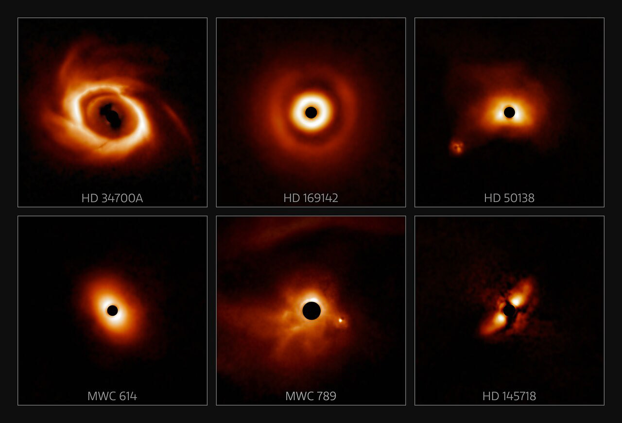A survey of 44 young massive stars to investigate planet formation shows dusty, swirling disks — likely to become new solar systems. The images were taken with the Gemini Planet Imager (GPI) instrument on the Gemini South telescope of the International Gemini Observatory, a Program of NSF’s NOIRLab.  Credit: International Gemini Observatory/NOIRLab/NSF/AURA/E. Rich (Michigan University)