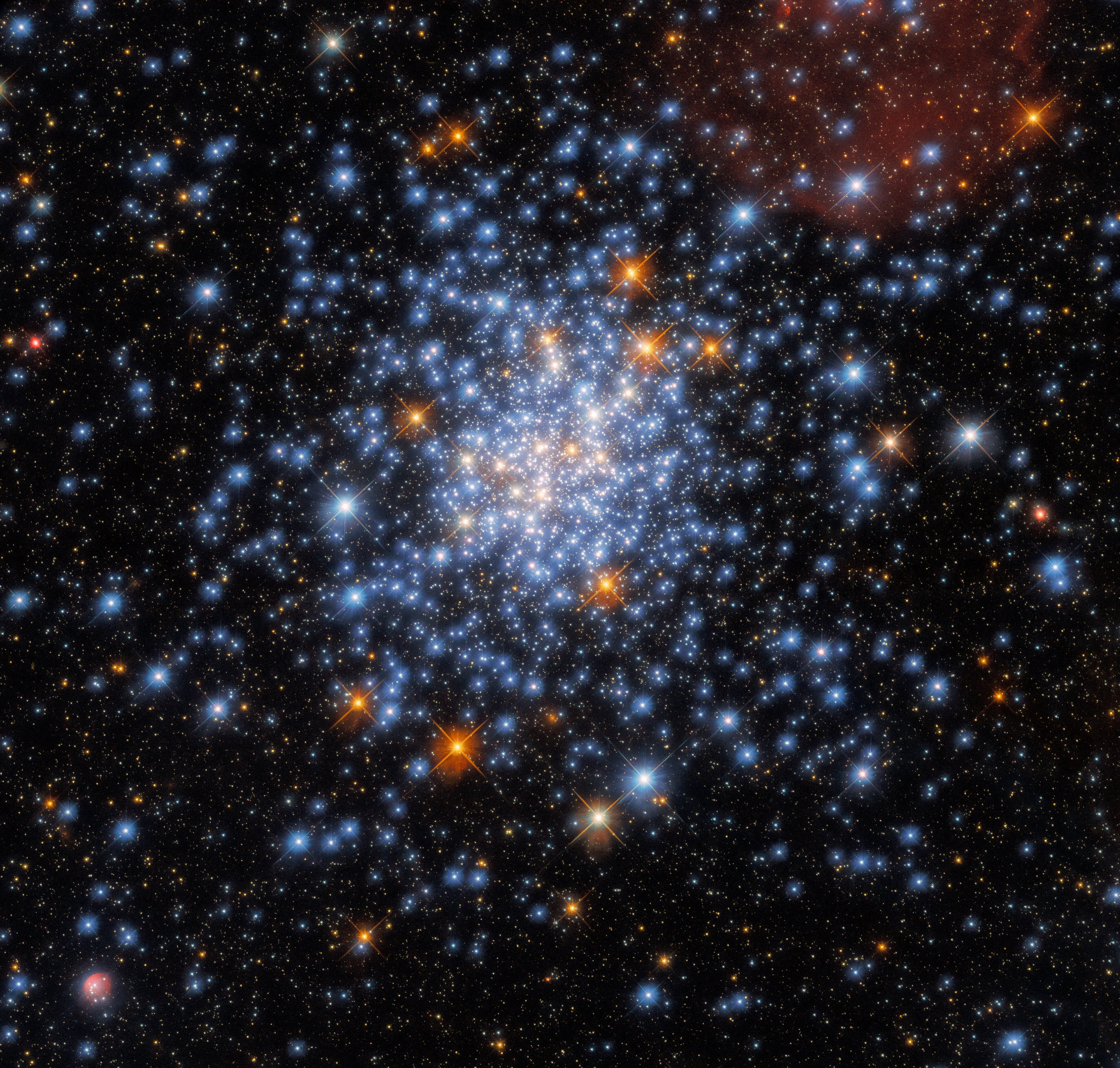 This Picture of the Week depicts the open star cluster NGC 330, which lies around 180,000 light-years away inside the Small Magellanic Cloud. The cluster — which is in the constellation Tucana (The Toucan) — contains a multitude of stars, many of which are scattered across this striking image.  Pictures of the Week from the NASA/ESA Hubble Space Telescope show us something new about the Universe. This image, however, also contains clues about the inner workings of Hubble itself. The criss-cross patterns surrounding the stars in this image — known as diffraction spikes —  were created when starlight interacted with the four thin vanes supporting Hubble’s secondary mirror.  As star clusters form from a single primordial cloud of gas and dust, all the stars they contain are roughly the same age. This makes them useful natural laboratories for astronomers to learn how stars form and evolve. This image uses observations from Hubble’s Wide Field Camera 3, and incorporates data from two very different astronomical investigations. The first aimed to understand why stars in star clusters appear to evolve differently from stars elsewhere, a peculiarity first observed by the Hubble Space Telescope. The second aimed to determine how large stars can be before they become doomed to end their lives in cataclysmic supernova explosions.  Links Video of A Scattering of Stars Credit: ESA/Hubble & NASA, J. Kalirai, A. Milone