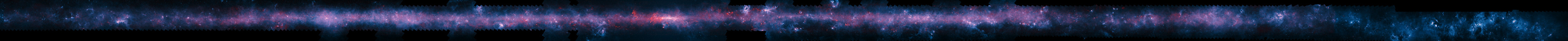 The southern plane of the Milky Way from the ATLASGAL survey This image of the Milky Way has been released to mark the completion of the APEX Telescope Large Area Survey of the Galaxy (ATLASGAL). The APEX telescope in Chile has mapped the full area of the Galactic Plane visible from the southern hemisphere for the first time at submillimetre wavelengths — between infrared light and radio waves — and in finer detail than recent space-based surveys.  The APEX data, at a wavelength of 0.87 millimetres, shows up in red and the background blue image was imaged at shorter infrared wavelengths by the NASA Spitzer Space Telescope as part of the GLIMPSE survey. The fainter extended red structures come from complementary observations made by ESA's Planck satellite. Note that the far right section of this long and thin image does not include Planck imaging.  To fully appreciate this image click on it and zoom and scroll sideways.  Credit: ESO/APEX/ATLASGAL consortium/NASA/GLIMPSE consortium/ESA/Planck
