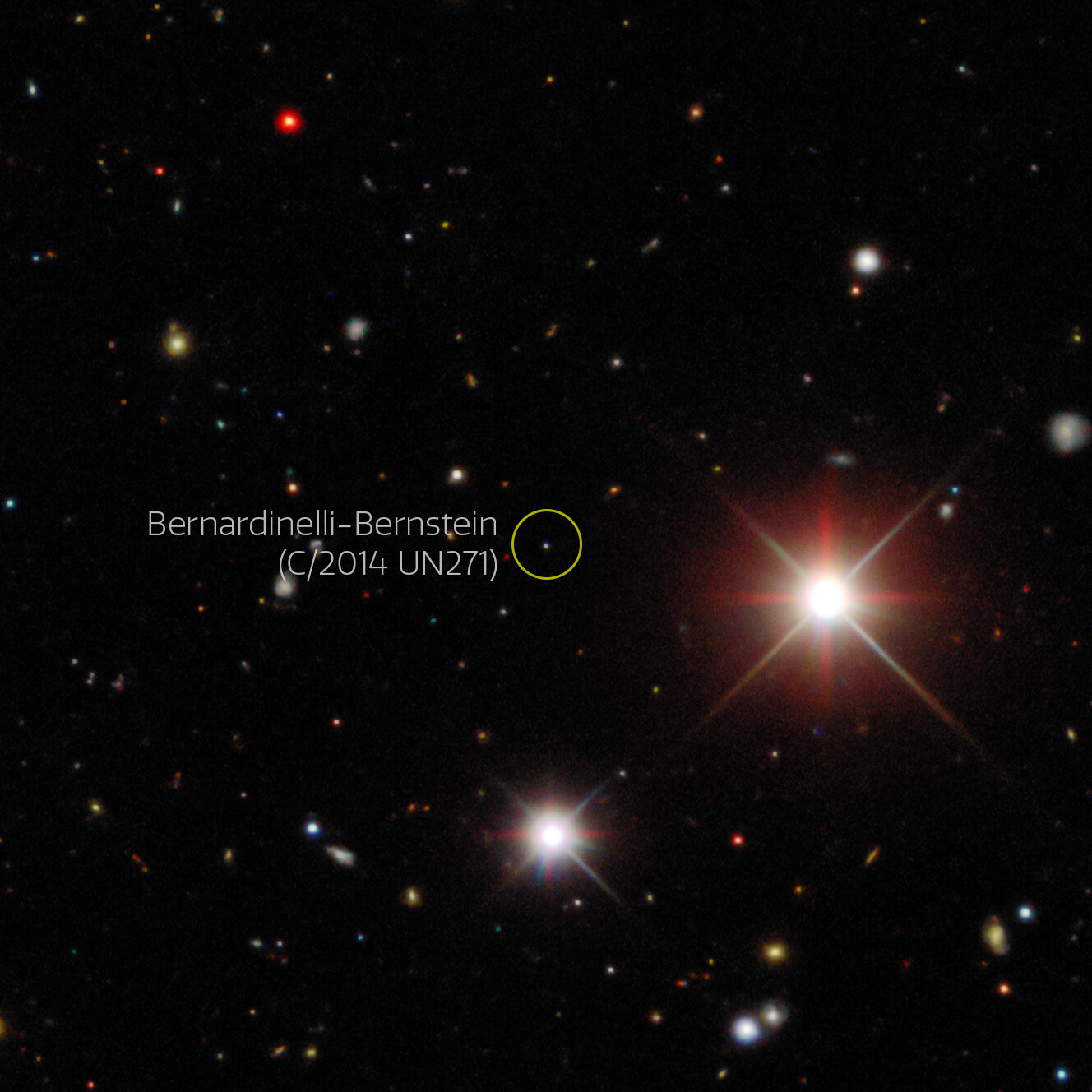 This image from the Dark Energy Survey (DES) is composed of some of the discovery exposures showing Comet Bernardinelli-Bernstein collected by the 570-megapixel Dark Energy Camera (DECam) mounted on the Víctor M. Blanco 4-meter Telescope at Cerro Tololo Inter-American Observatory (CTIO) in Chile. These images show the comet in October 2017, when it was 25 au away, 83% of the distance to Neptune.  Comet Bernardinelli-Bernstein is estimated to be about 1000 times more massive than a typical comet, making it arguably the largest comet discovered in modern times. It has an extremely elongated orbit, journeying inward from the distant Oort Cloud over millions of years. It is the most distant comet to be discovered on its incoming path.  DECam was designed specifically for the DES and operated by the DOE and NSF between 2013 and 2019. DECam was funded by the DOE and was built and tested at DOE's Fermilab. DES was tasked with mapping 300 million galaxies across a 5000-square-degree area of the night sky, but during its six years of observations it also observed many comets and trans-Neptunian objects passing through the surveyed field.  The analysis of data from the DES is supported by the Department of Energy (DOE) and the National Science Foundation (NSF), and the DECam science archive is curated by the Community Science and Data Center (CSDC) at NSF’s NOIRLab. CTIO and CSDC are Programs of NOIRLab.  Credit: Dark Energy Survey/DOE/FNAL/DECam/CTIO/NOIRLab/NSF/AURA/P. Bernardinelli & G. Bernstein (UPenn)/DESI Legacy Imaging Surveys Acknowledgments: T.A. Rector (University of Alaska Anchorage/NSF’s NOIRLab), M. Zamani (NSF’s NOIRLab) & J. Miller (NSF’s NOIRLab)