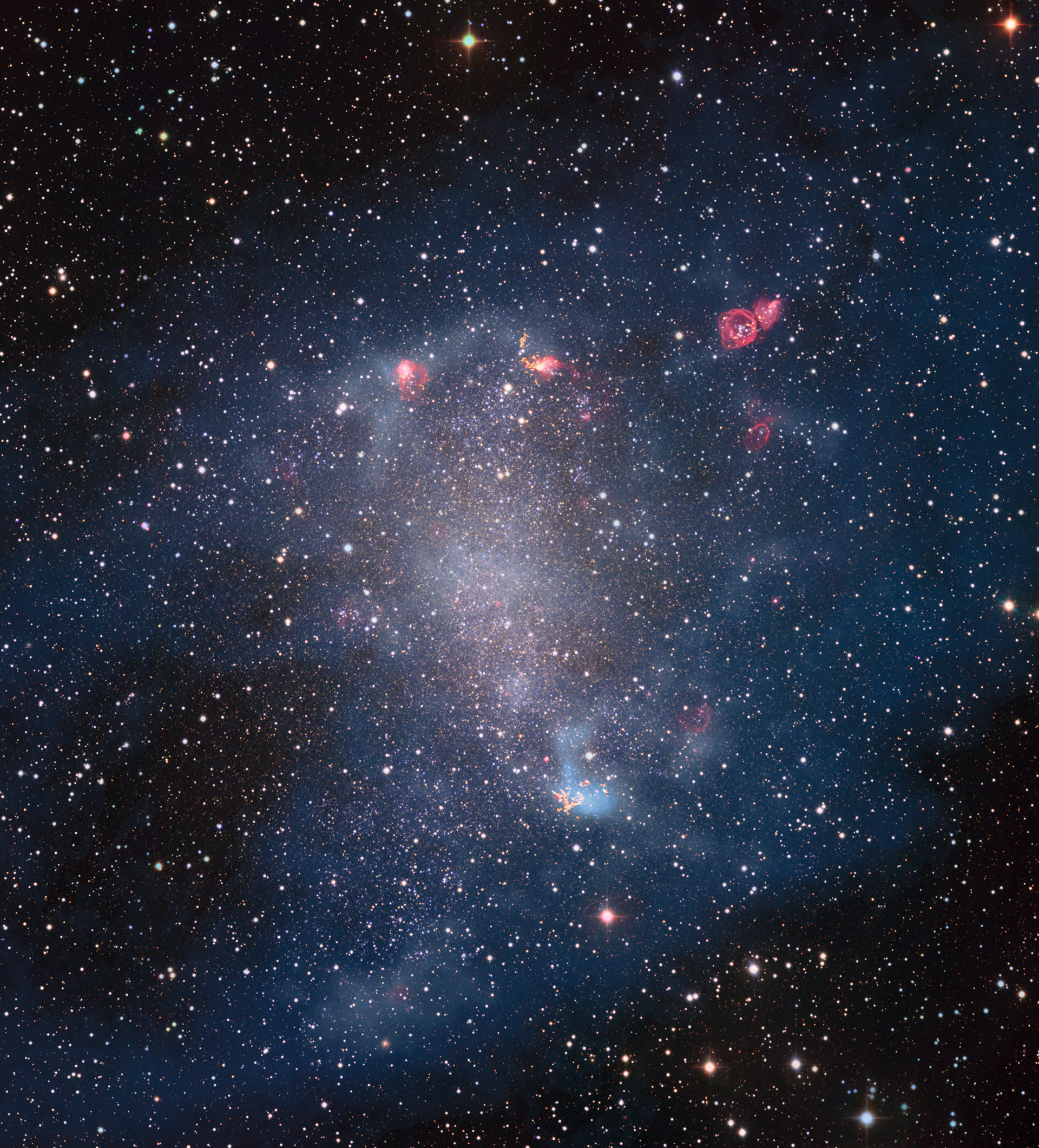 Star forming gas clouds in NGC 6822 This image is a composite of older observations made with the Wide Field Imager attached to the 2.2-metre MPG/ESO telescope at ESO’s La Silla Observatory and new data collected by the Atacama Large Millimeter/submillimeter Array (ALMA). The observations by ALMA reveal the structure of star-forming gas clouds in unprecedented resolution. Credit: ESO, ALMA (ESO/NAOJ/NRAO)/A. Schruba, VLA (NRAO)/Y. Bagetakos/Little THINGS
