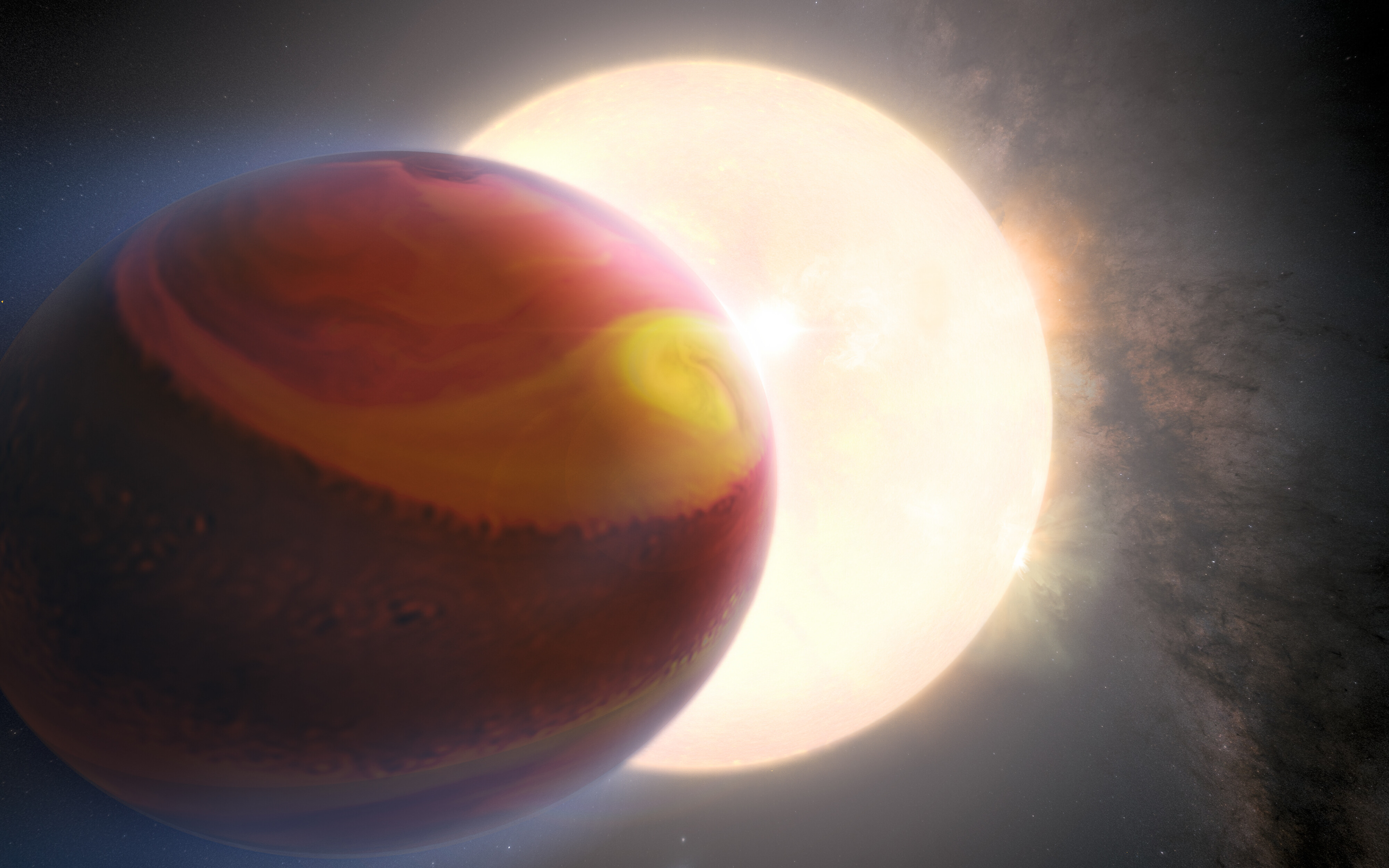 This is an artist’s impression of the exoplanet WASP 121-b, also known as Tylos. The exoplanet’s appearance is based on Hubble data of the object.  Credit: NASA, ESA, Q. Changeat et al., Mahdi Zamani (ESA/Hubble)