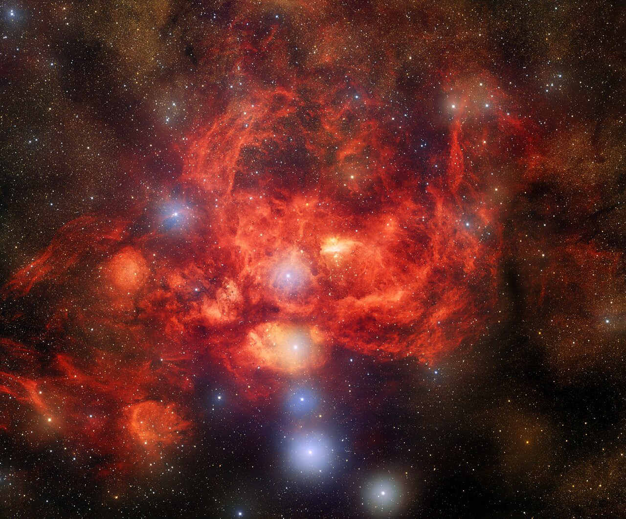 This image, taken by astronomers using the US Department of Energy-fabricated Dark Energy Camera on the Víctor M. Blanco 4-meter Telescope at Cerro Tololo Inter-American Observatory, a Program of NSF’s NOIRLab, captures the star-forming nebula NGC 6357, which is located 8000 light-years away in the direction of the constellation Scorpius. This image reveals bright, young stars surrounded by billowing clouds of dust and gas inside NGC 6357, which is also known as the Lobster Nebula.   Credit: CTIO/NOIRLab/DOE/NSF/AURA  T.A. Rector (University of Alaska Anchorage/NSF’s NOIRLab), J. Miller (Gemini Observatory/NSF’s NOIRLab), M. Zamani & D. de Martin (NSF’s NOIRLab)