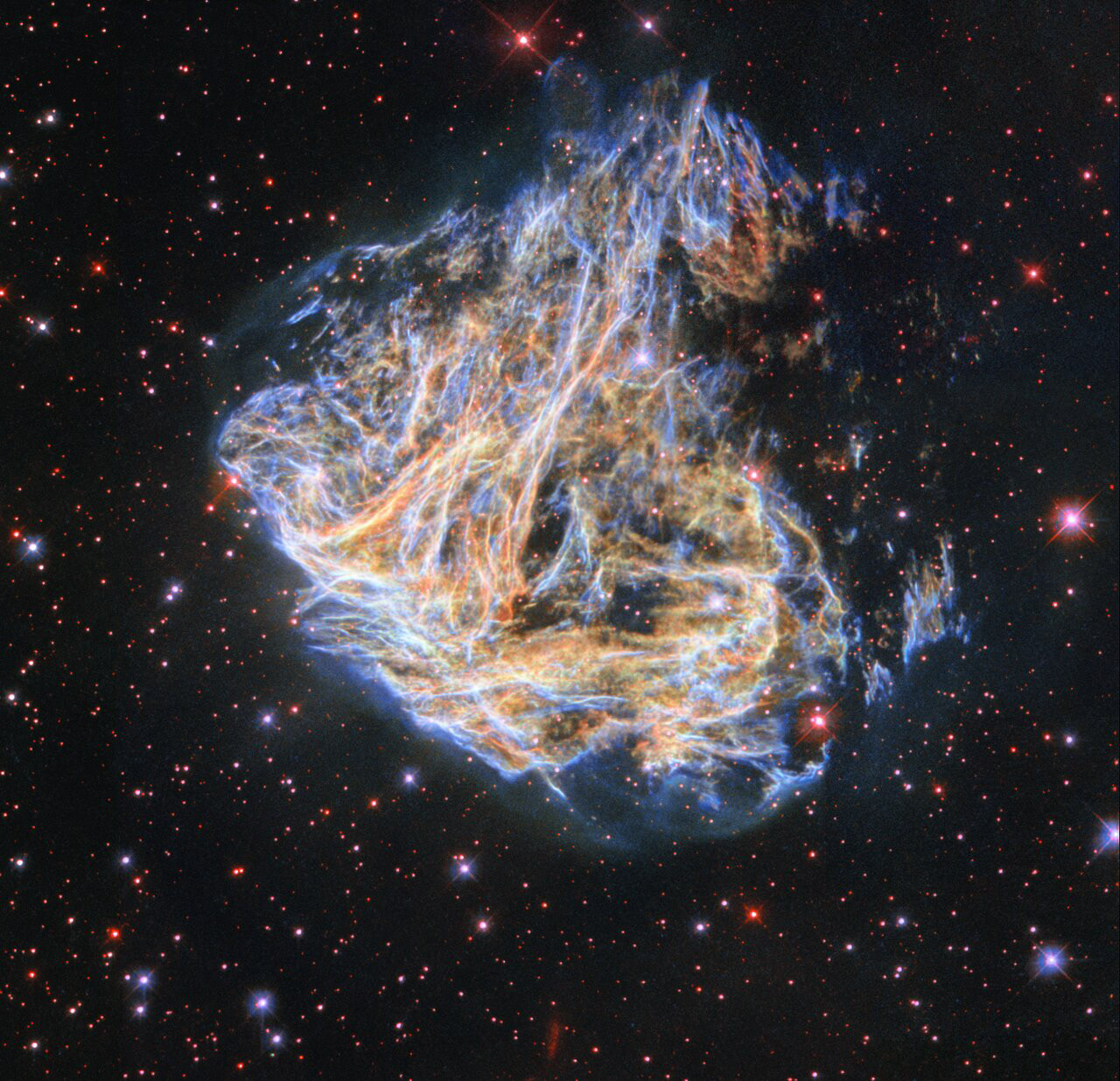 Shreds of the luridly coloured supernova remnant DEM L 190 seem to billow across the screen in this image from the NASA/ESA Hubble Space Telescope. The delicate sheets and intricate filaments are debris from the cataclysmic death of a massive star that once lived in the Large Magellanic Cloud, a small satellite galaxy of the Milky Way. DEM L 190 — also known as LMC N49 — is the brightest supernova remnant in the Large Magellanic Cloud and lies approximately 160 000 light-years away from Earth in the constellation Dorado.  This striking image was created with data from two different astronomical investigations, using one of Hubble’s retired instruments, the Wide Field Planetary Camera 2 (WFPC2). This instrument has since been replaced by the more powerful Wide Field Camera 3, but during its operational lifetime it contributed to cutting-edge science and produced a series of stunning public outreach images. The first of the two WFPC2 investigations used DEM L 190 as a natural laboratory in which to study the interaction of supernova remnants and the interstellar medium, the tenuous mixture of gas and dust that lies between stars. In the second project, astronomers turned to Hubble to pinpoint the origin of a Soft Gamma-ray Repeater, an enigmatic object lurking in DEM L 190 which repeatedly emits high-energy bursts of gamma rays.   This is not the first image of DEM L 190 to be released to the public — a previous Hubble portrait of this supernova remnant was published in 2003. This new image incorporates additional data and improved image processing techniques, making this spectacular celestial fireworks display even more striking!  [Image description: A supernova remnant, in the shape of a flame, occupies the centre and top. It is made of many long strands and thin layers of gas, that brightly glow orange and blue. Faint gas clouds outline its edges. It is surrounded by several scattered blue and red stars, and the background is black and filled with small red stars.]  Links Video of Revisiting a Celestial Fireworks Display Credit:  ESA/Hubble & NASA, S. Kulkarni, Y. Chu