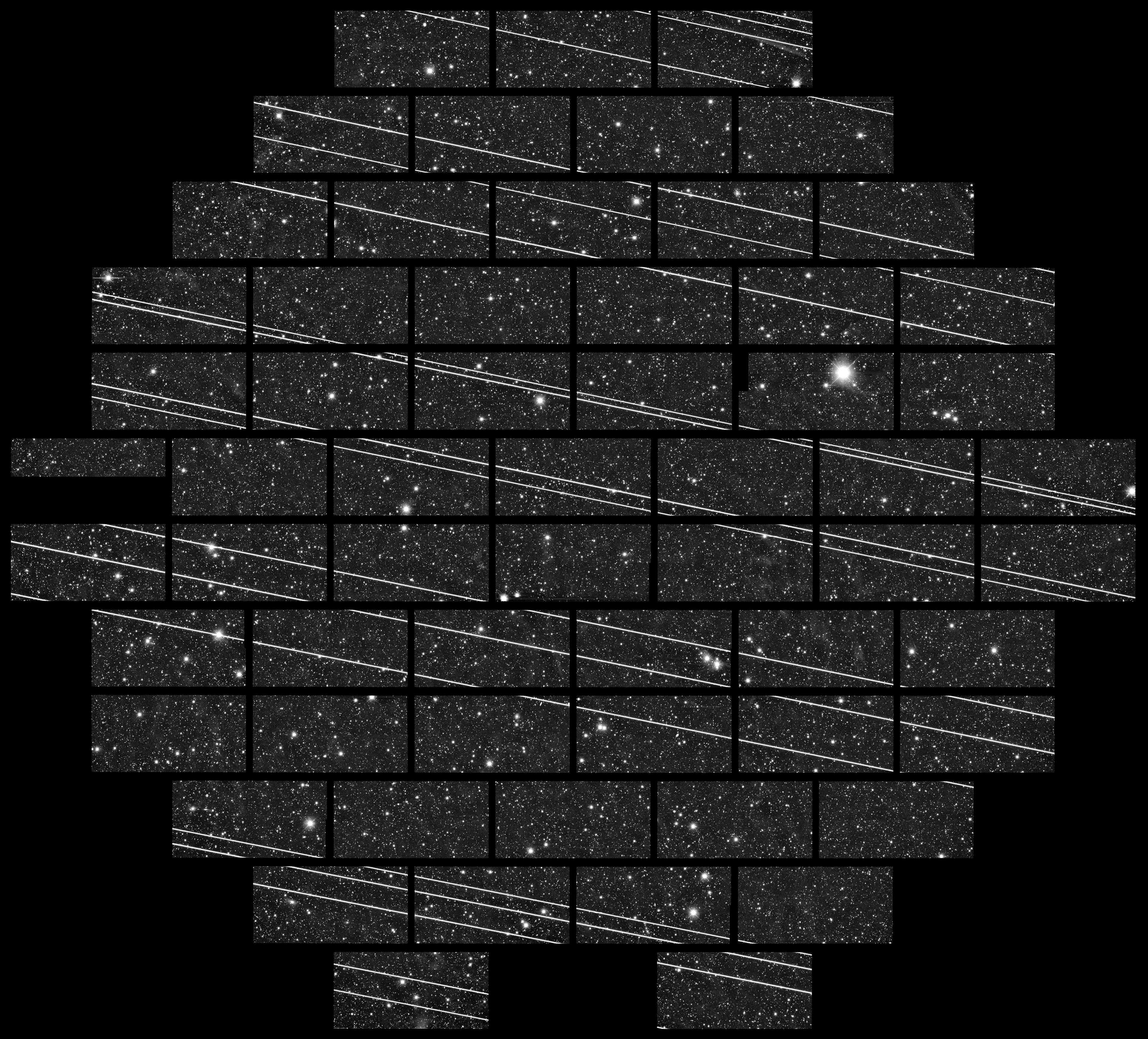 Starlink Satellites Imaged from CTIO Earlier this week, while observing with DECam on the Blanco 4-meter telescope at the Cerro Tololo Inter-American Observatory (CTIO), a Program of NSF's NOIRLab, astronomers Clara Martínez-Vázquez and Cliff Johnson noticed something interesting. One of their images, the 333 seconds-exposure seen here, contained at least 19 streaks that they quickly surmised were due to the second batch of Starlink satellites launched last week. The gaps in the satellite tracks are due to the gaps between the DECam CCD chips in the 2.2-degree field.  At the same time, the CTIO all-sky camera recorded the satellites which were even visible with the unaided eye. Several frames from that camera can be seen in this timelapse video from CTIO.  Gemini North Cloud Camera timelapse video of the passage of the Starlink satellite cluster over Maunakea. This sequence was obtained on the night of 12-13 November.  Credit: CTIO/NOIRLab/NSF/AURA/DECam DELVE Survey