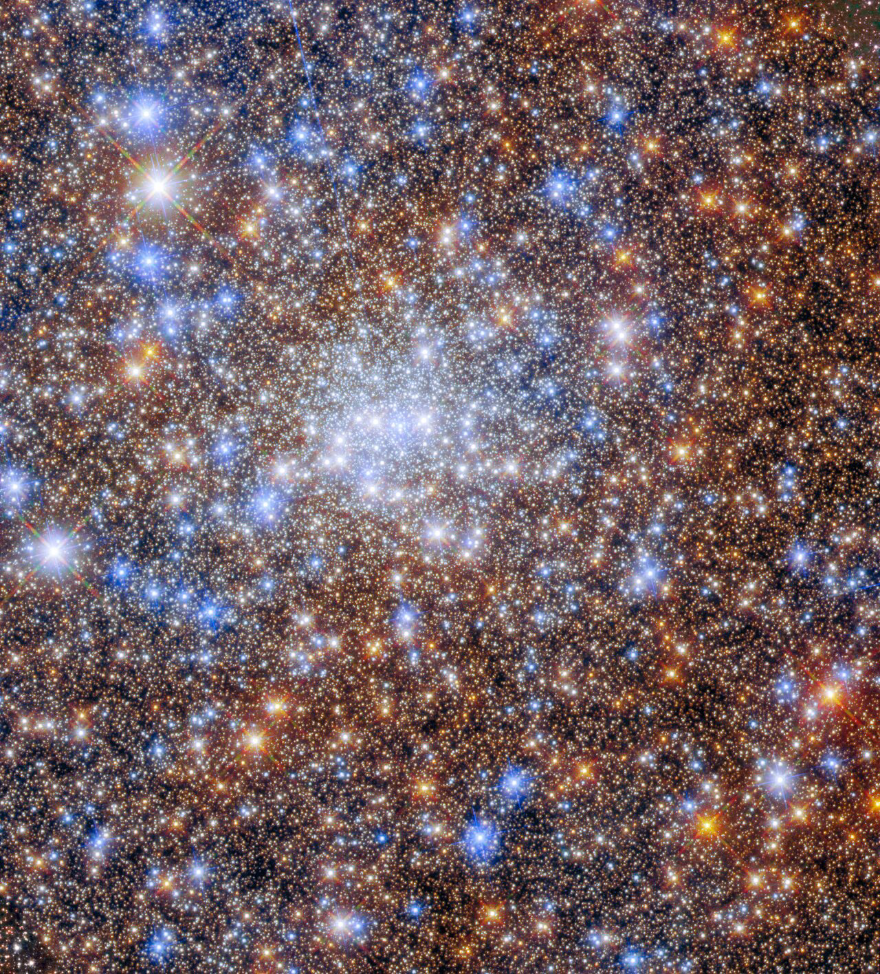 A glittering multitude of stars in the globular cluster Terzan 4 fill this image from the NASA/ESA Hubble Space Telescope. Globular clusters are collections of stars bound together by their mutual gravitational attraction, and can contain millions of individual stars. As this image shows, the heart of a globular cluster such as Terzan 4 is a densely packed, crowded field of stars — which makes for spectacular images!  The launch of Hubble in 1990 revolutionised the study of globular clusters. The individual stars in these dense crowds are almost impossible to distinguish from one another with ground-based telescopes, but can be picked apart using space telescopes. Astronomers have taken advantage of Hubble’s crystal-clear vision to study the stars making up globular clusters, as well as how these systems change over time.  This particular observation comes from astronomers using Hubble to explore Terzan 4 and other globular clusters to understand the shape, density, age, and structure of globular clusters close to the centre of the Milky Way. Unlike globular clusters elsewhere in the sky, these globular clusters have evaded detailed observation because of the clouds of gas and dust swirling around the galactic core. These clouds blot out starlight in a process that astronomers refer to as ‘extinction’, and complicate astronomical observations.  Astronomers took advantage of the sensitivity of two of Hubble’s instruments — the Advanced Camera for Surveys and Wide Field Camera 3 — to overcome the impact of extinction on Terzan 4. By combining Hubble imagery with sophisticated data processing, astronomers were able to determine the ages of galactic globular clusters to within a billion years — a relatively accurate measurement in astronomical terms!  Credit: ESA/Hubble & NASA, R. Cohen