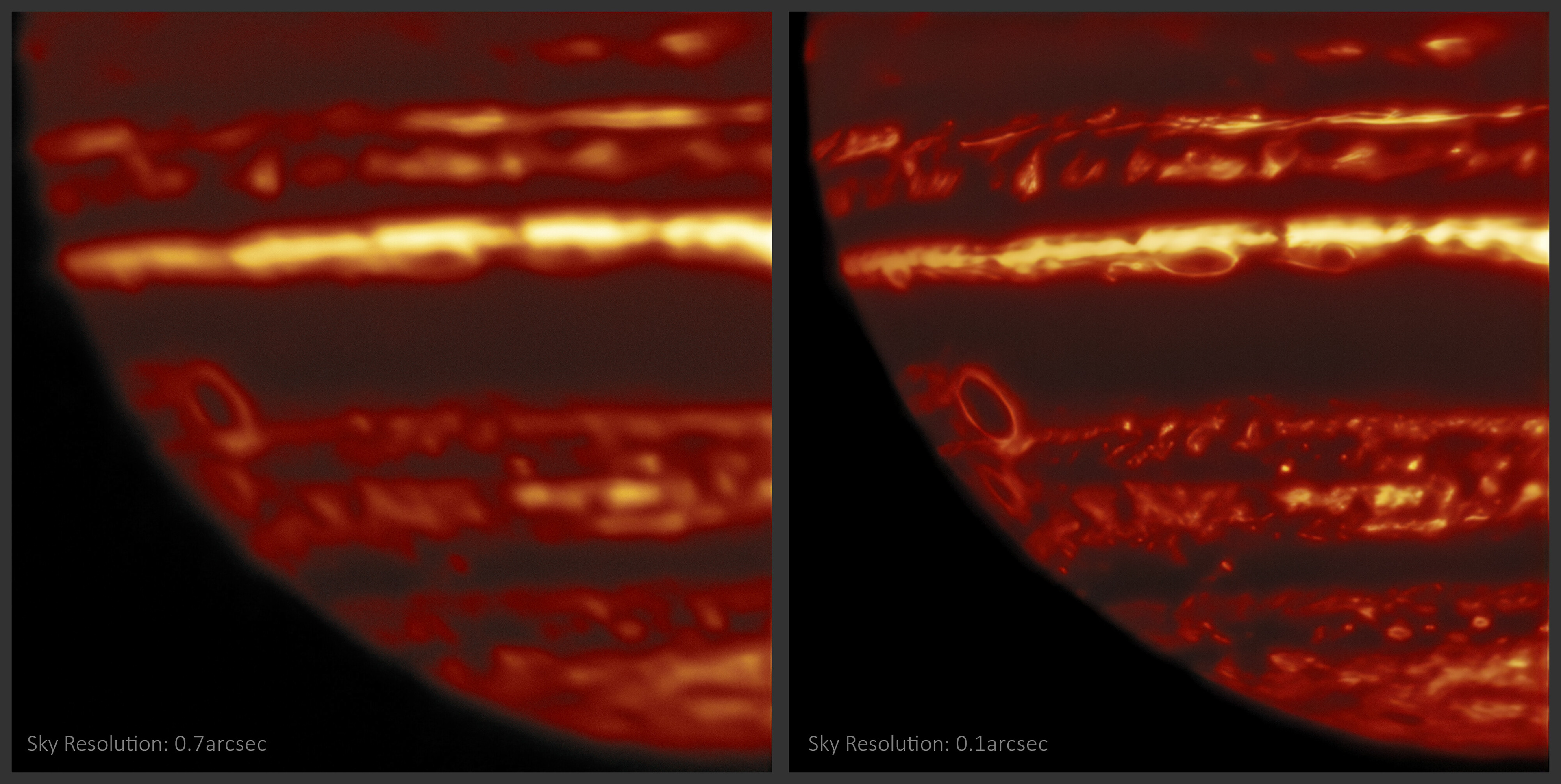 These images of Jupiter were taken in infrared light using the international Gemini Observatory, a program of NSF’s NOIRLab on 8 April 2019. Because the telescope must observe through the Earth’s atmosphere, any disturbances in the air such as wind or temperature changes will distort and blur the image (left). This greatly limits the resolution the telescope can achieve on a target when only one image is taken. However, during a single night of “lucky imaging” observations, the telescope takes hundreds of exposures of the target. Some will be blurred, but many exposures will be taken when the view to space is still and clear of disturbances (right). In these “lucky” images, much smaller, more complex details on Jupiter are revealed. The research team finds the sharpest of these exposures, and compiles them into a mosaic of the whole disk.  Credit: International Gemini Observatory/NOIRLab/NSF/AURA M.H. Wong (UC Berkeley) and team  Acknowledgments: Mahdi Zamani
