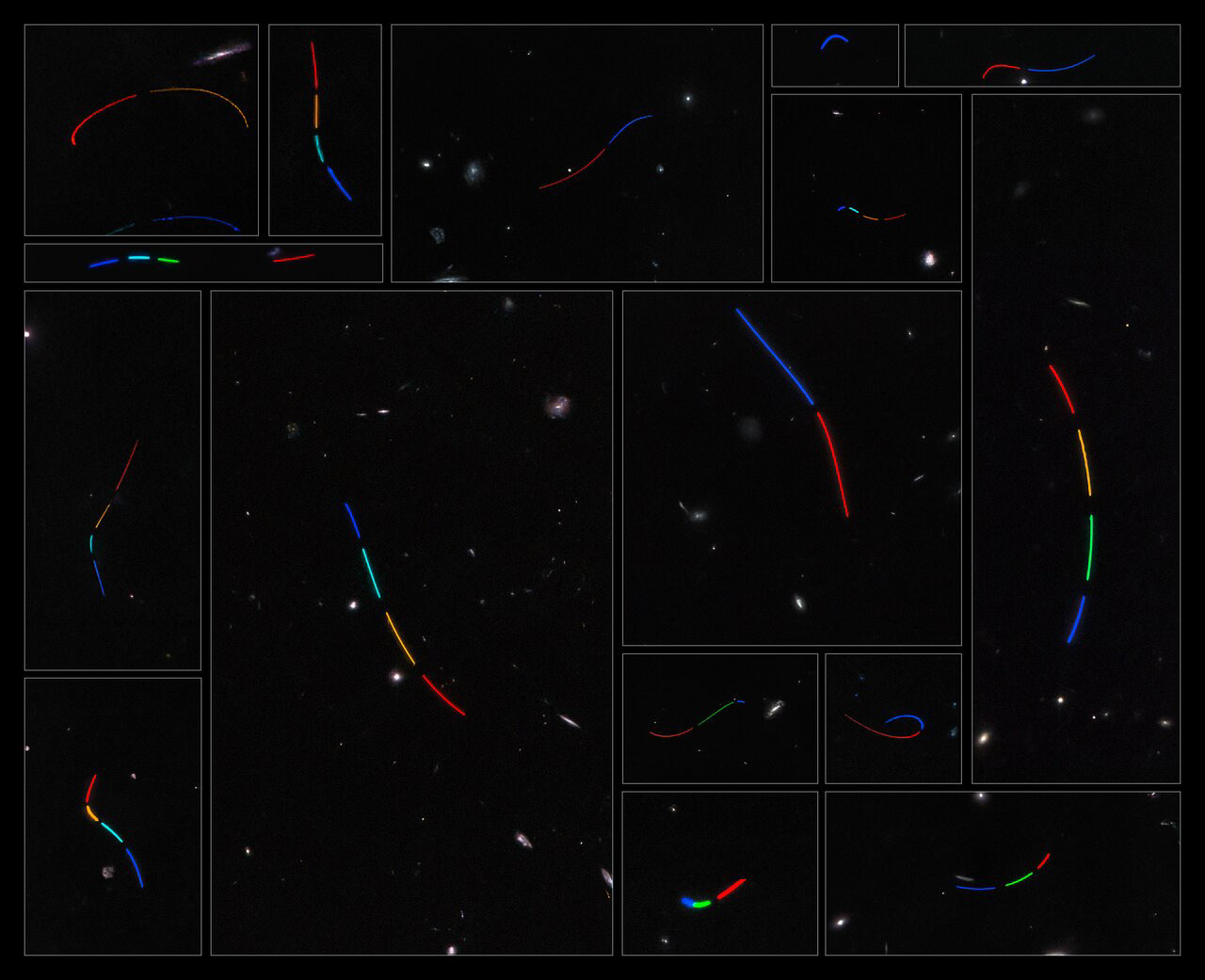 This mosaic consists of 16 different data sets from the NASA/ESA Hubble Space Telescope that were studied as part of the Asteroid Hunter citizen science project. Each of these datasets was assigned a colour based on the time sequence of exposures, such that the blue tones represent the first exposure in which the asteroid was captured and the red tones represent the last.  Credit: ESA/Hubble & NASA, S. Kruk (ESA/ESTEC), Hubble Asteroid Hunter citizen science team, M. Zamani (ESA/Hubble)
