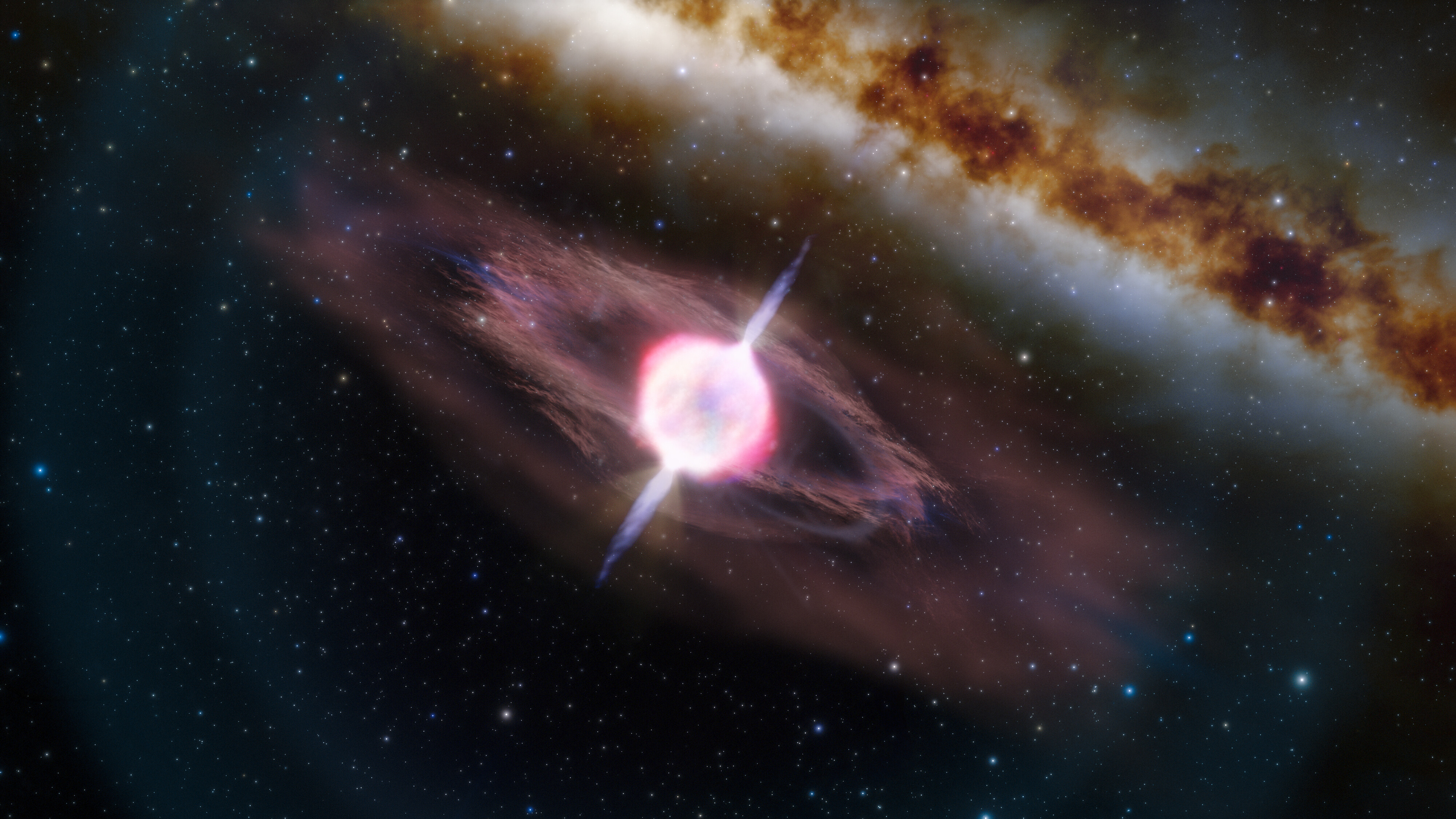 Illustration of a Short Gamma-Ray Burst Caused by a Collapsing Star / Credit: International Gemini Observatory/NOIRLab/NSF/AURA/J. da Silva, Mahdi Zamani