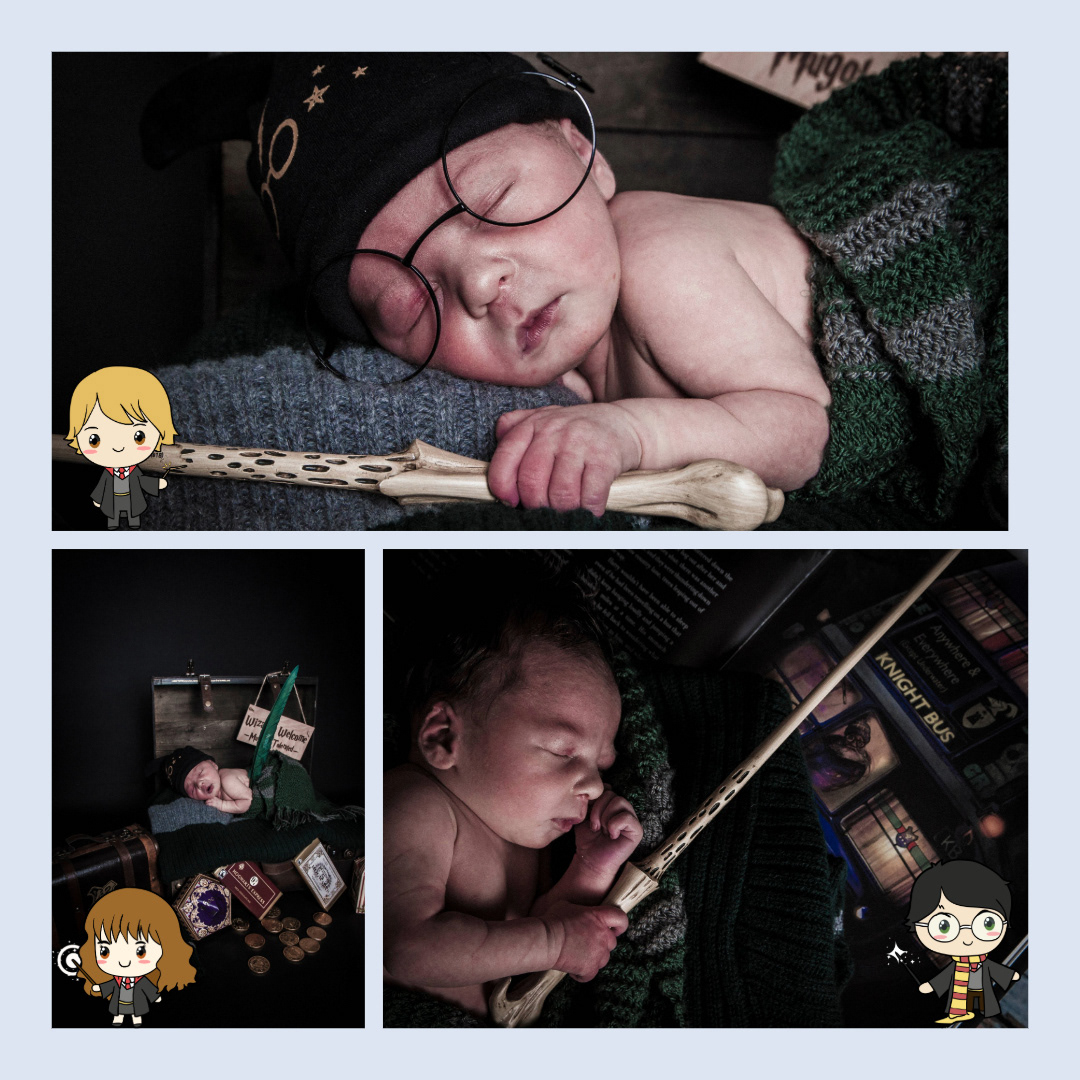 Newborn baby sleeping in a Hogwarts trunk with a wand and glasses Baby dressed as a young Harry Potter, sleeping peacefully Newborn photoshoot with a Harry Potter theme, featuring a wand and glasses