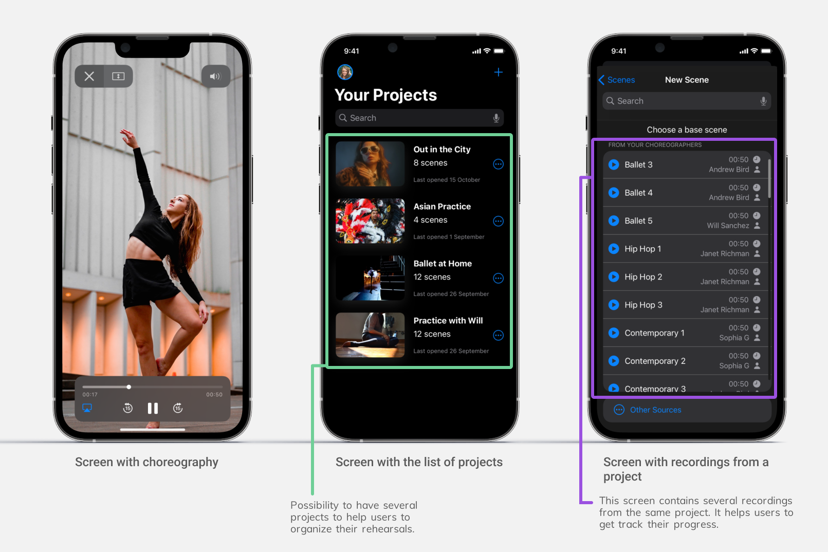 High fidelity prototype showing a dance video being played using the application and other 2 screens where a person can organise projects and play each recording separately.