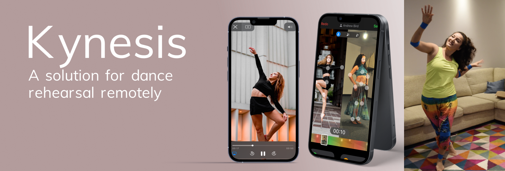 Title: "Kynesis, a solution for dance rehearsal remotely", with images of mobile prototypes and a dancer using the solution