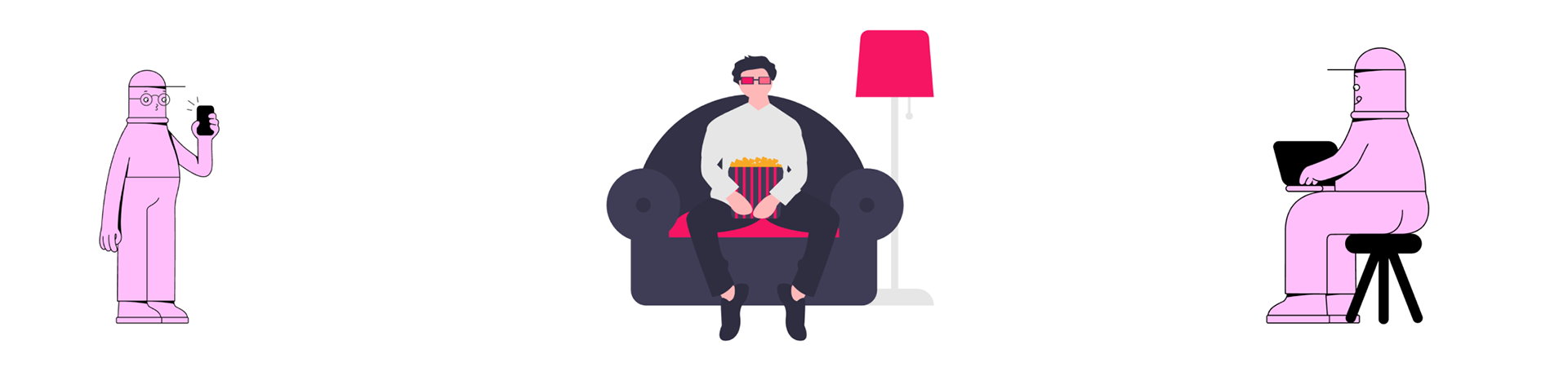 An illustration with a man using a mobile phone, another man with sitting in the sofa with popcorn on his hands and another illustration of a man using an laptop.
