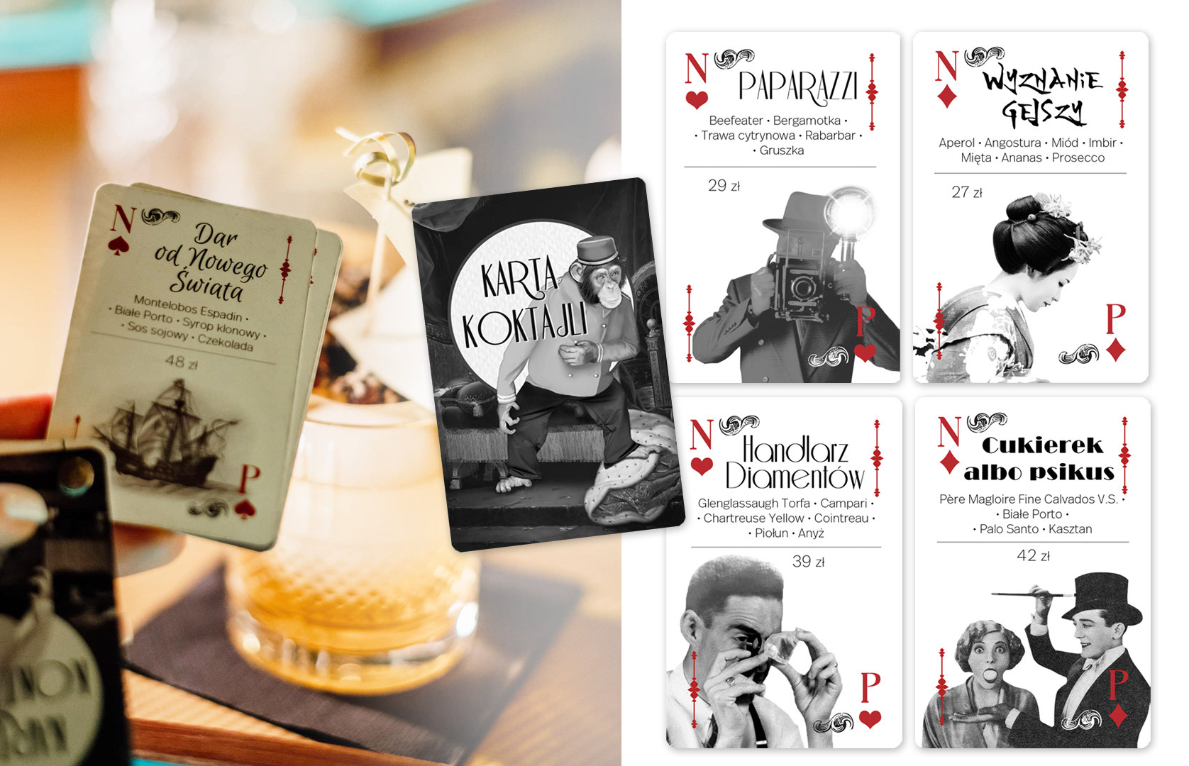 Menu dla koktajl baru Nocny Portier w formie talii kart