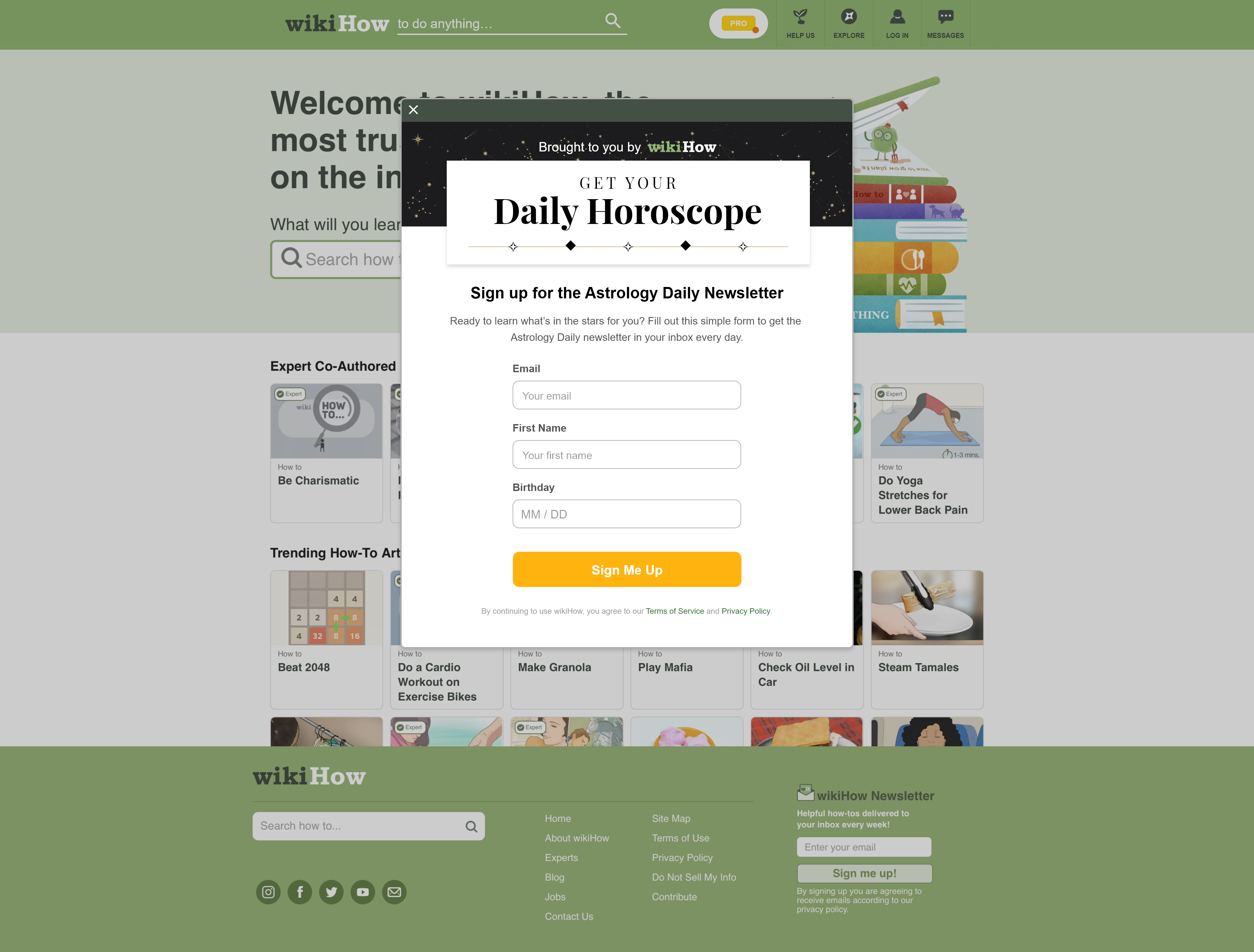 Dialog box for daily astrology newsletter signup on desktop