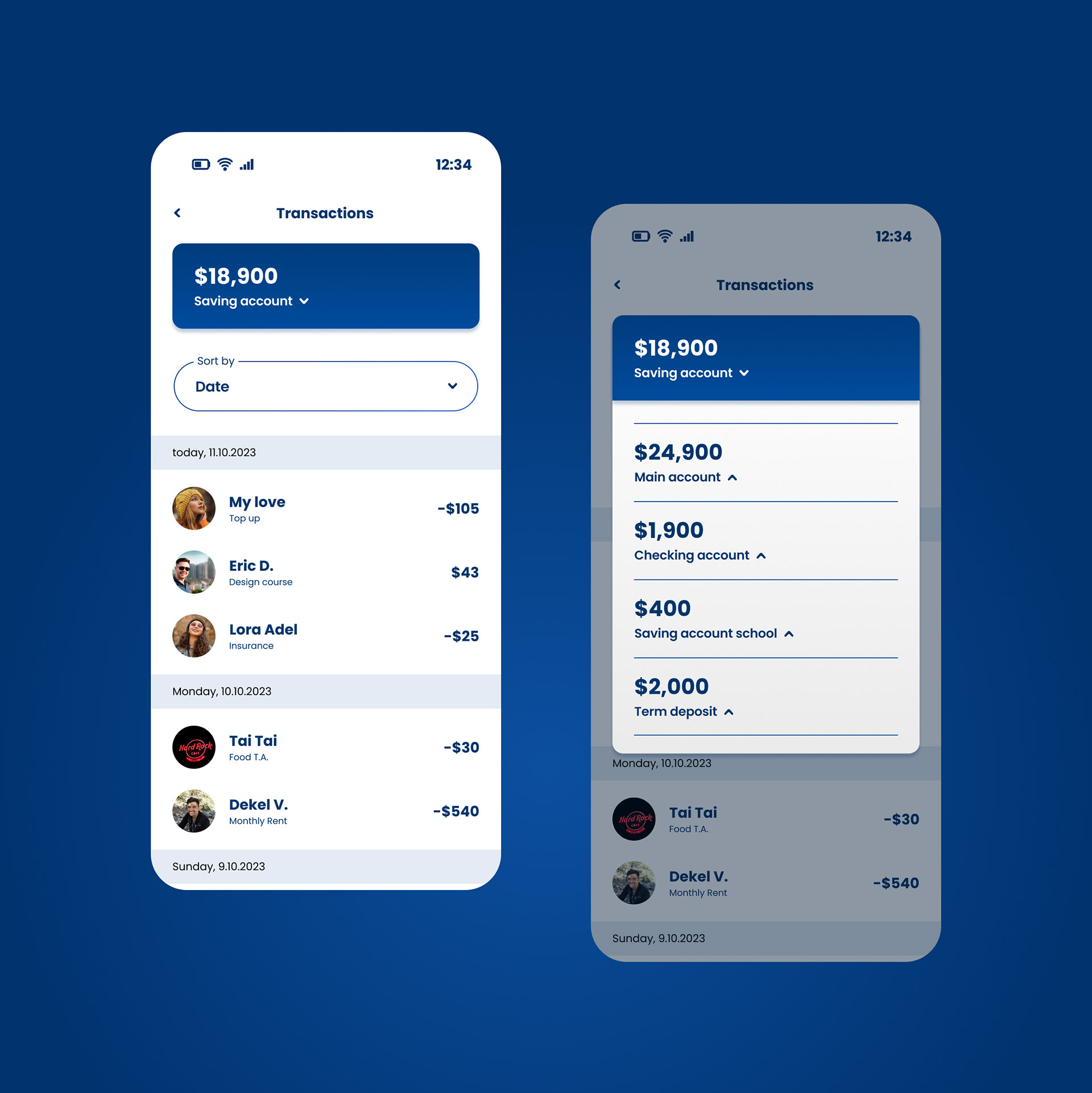 #43 A screen with transaction details #45 A dropdown list