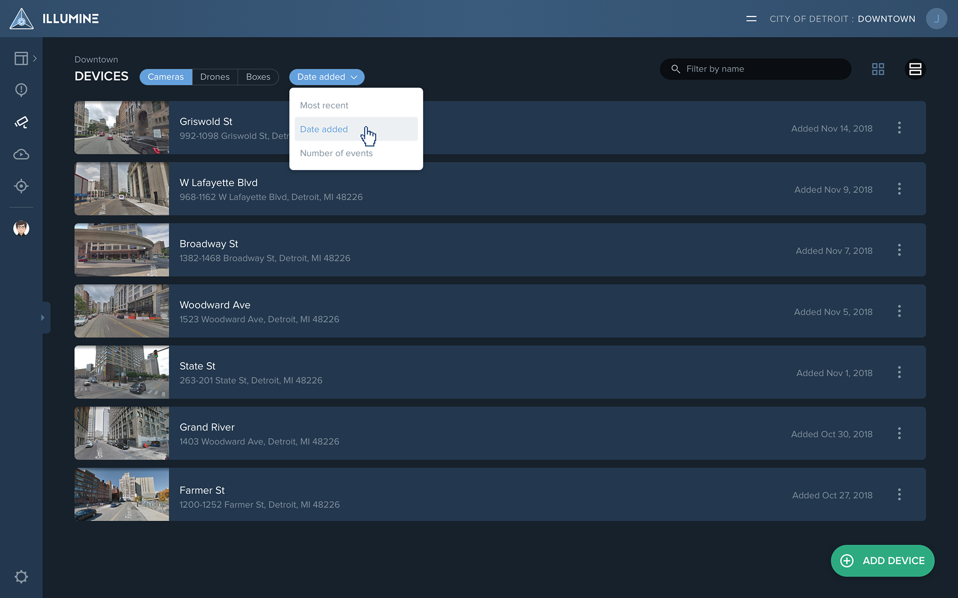 List view with example of a user sorting and filtering devices.