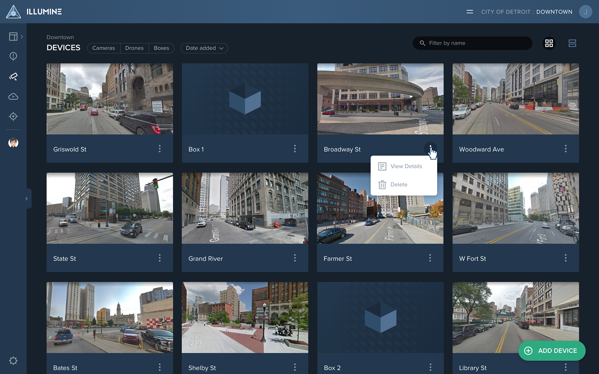 Grid view. Devices are added and managed muck like videos in our CMS.