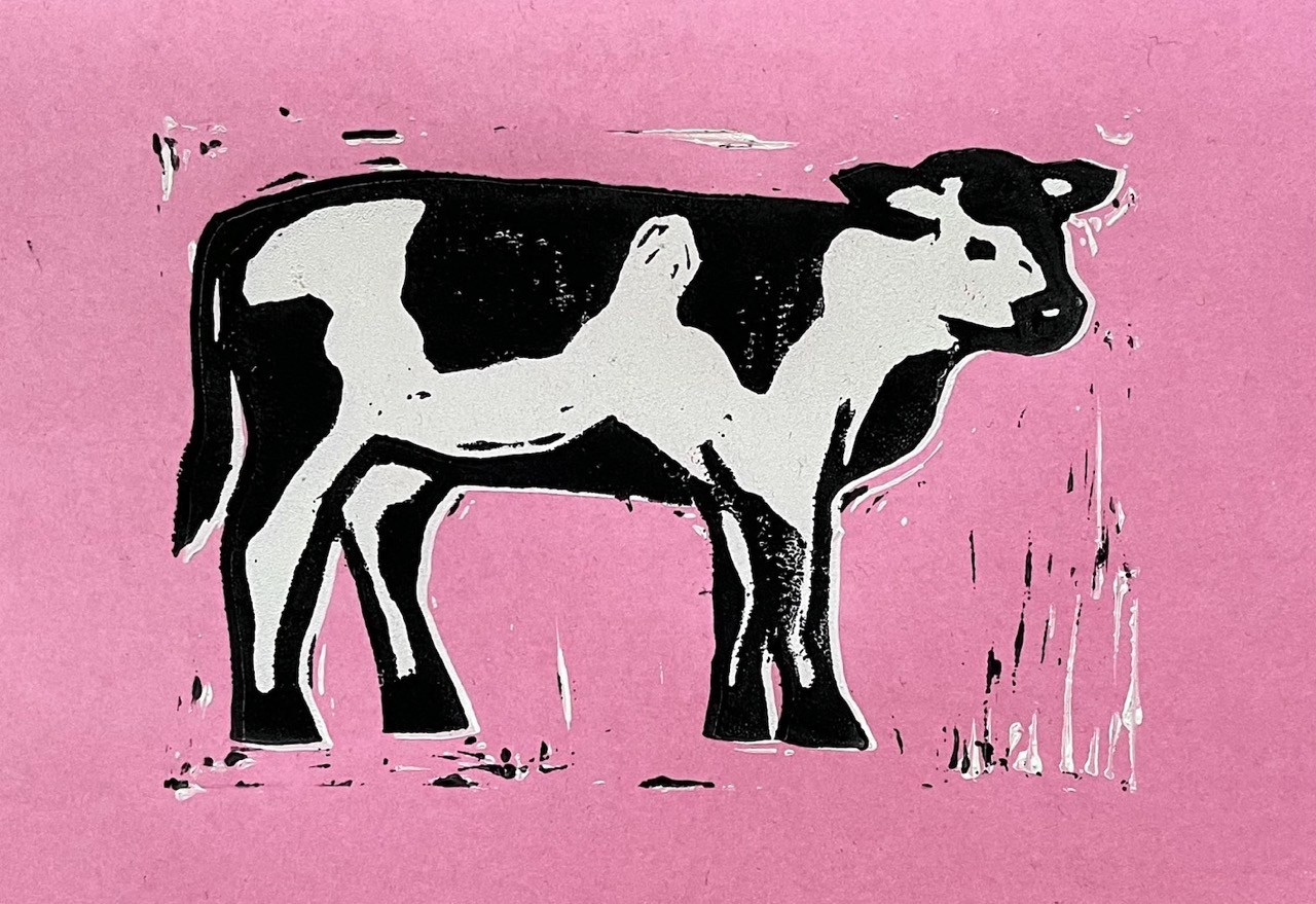 Cow Print Pink - Linocut reduction print