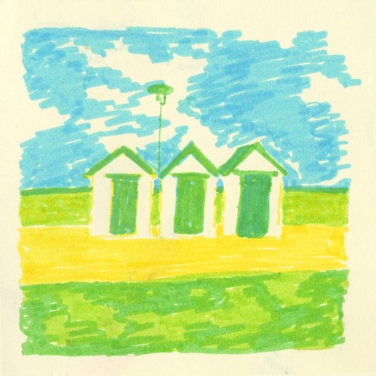 Three colour beach hut study