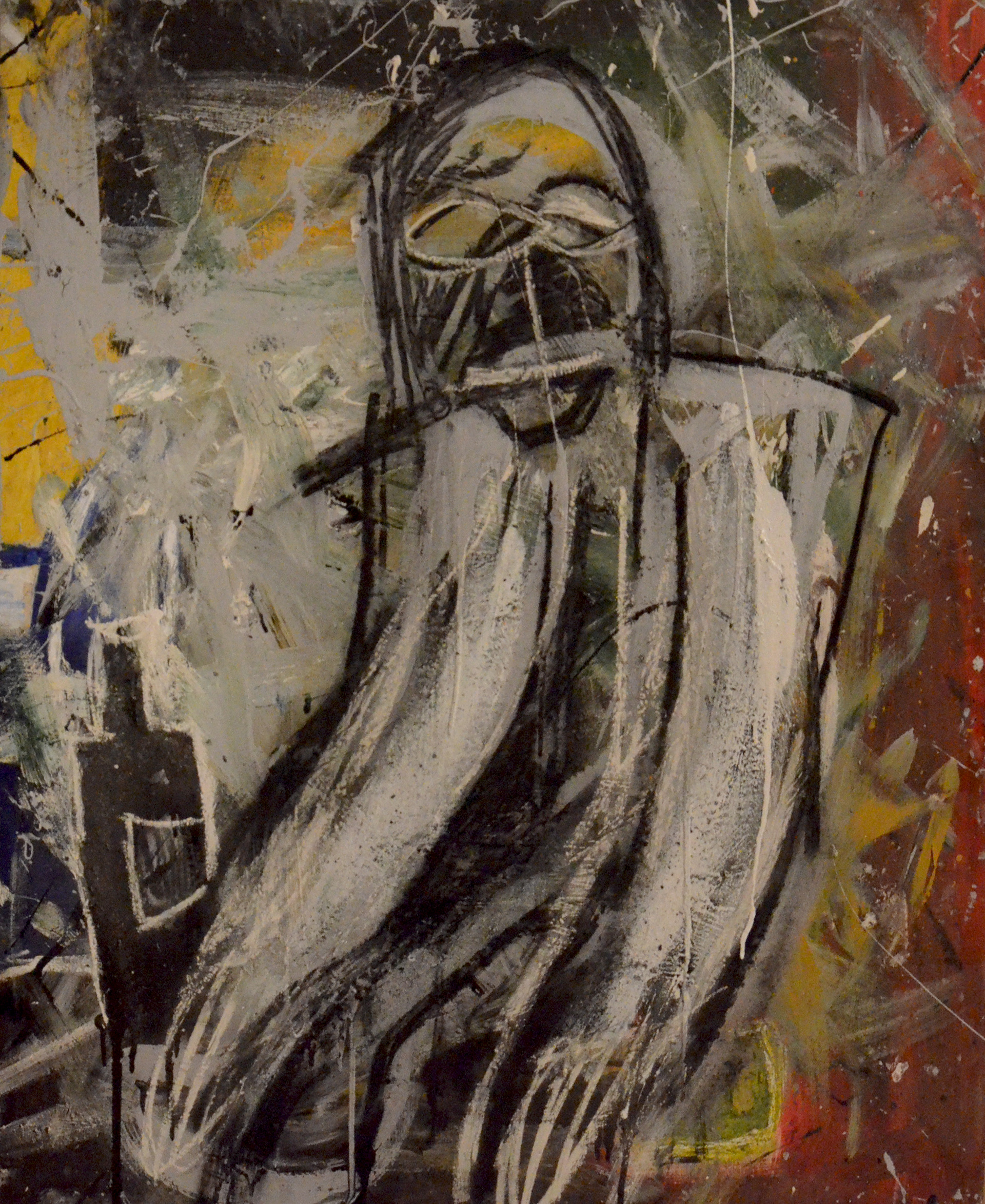 DRUNKEN FOOL (2018), VARIOUS PAINTS, CHARCOAL ON PLYWOOD
