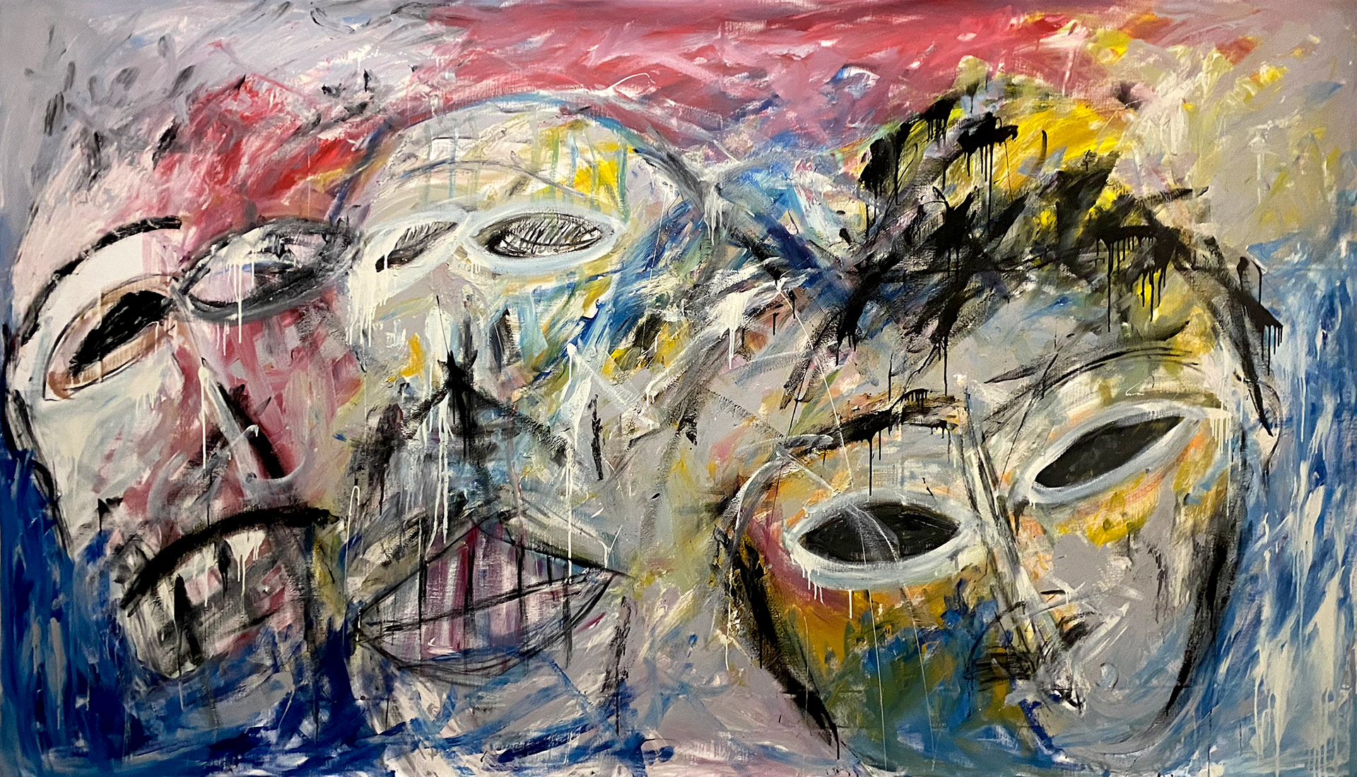 UNTITLED (2018), VARIOUS PAINTS, CHARCOAL, PASTEL, OILSTICK ON UNSTRETCHED CANVAS