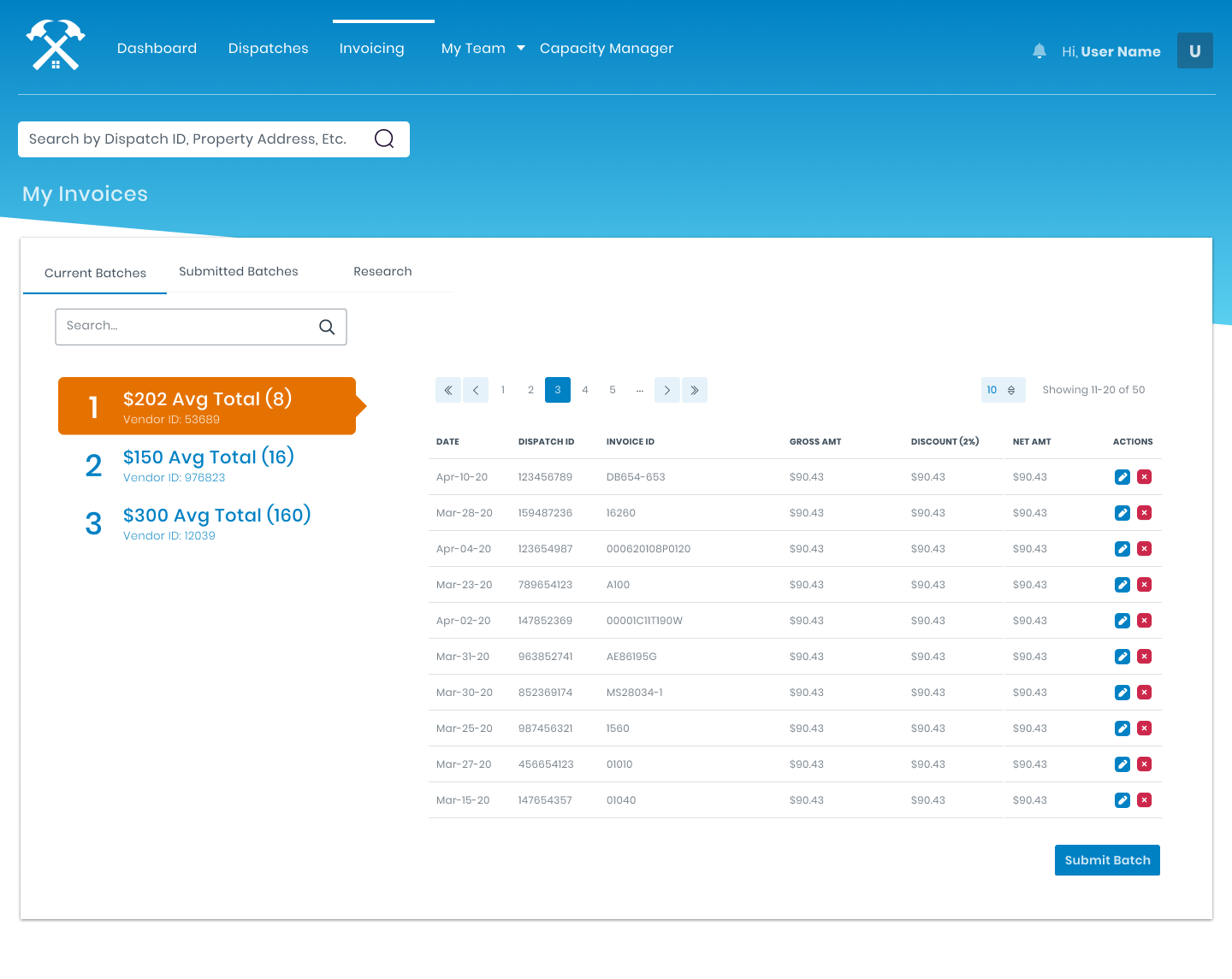 Invoicing allows the contractor to group invoices into batches for submission. Here the contractor can view all batches and invoices associated.