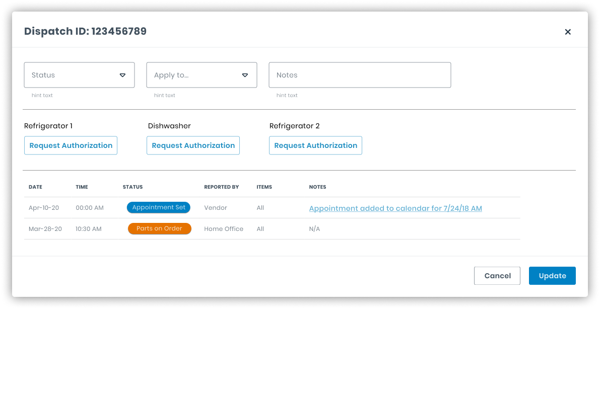 The edit button allows the contractor to quickly update the status of the dispatch