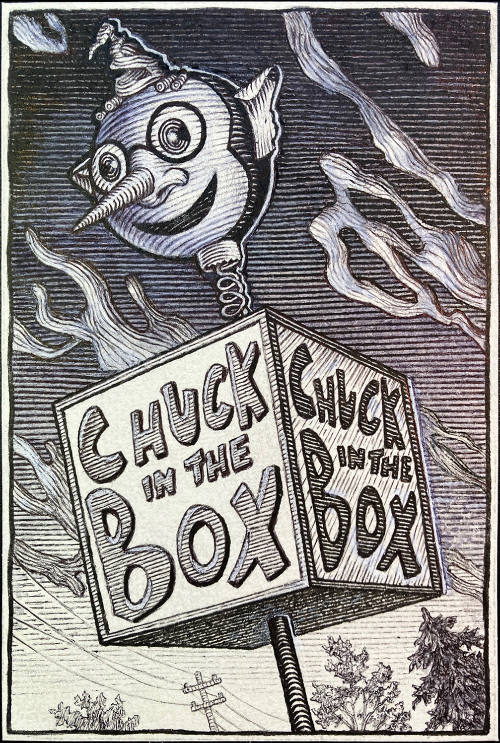 "Chuck-In-The-Box Self-Portrait",  ink on bristol board
