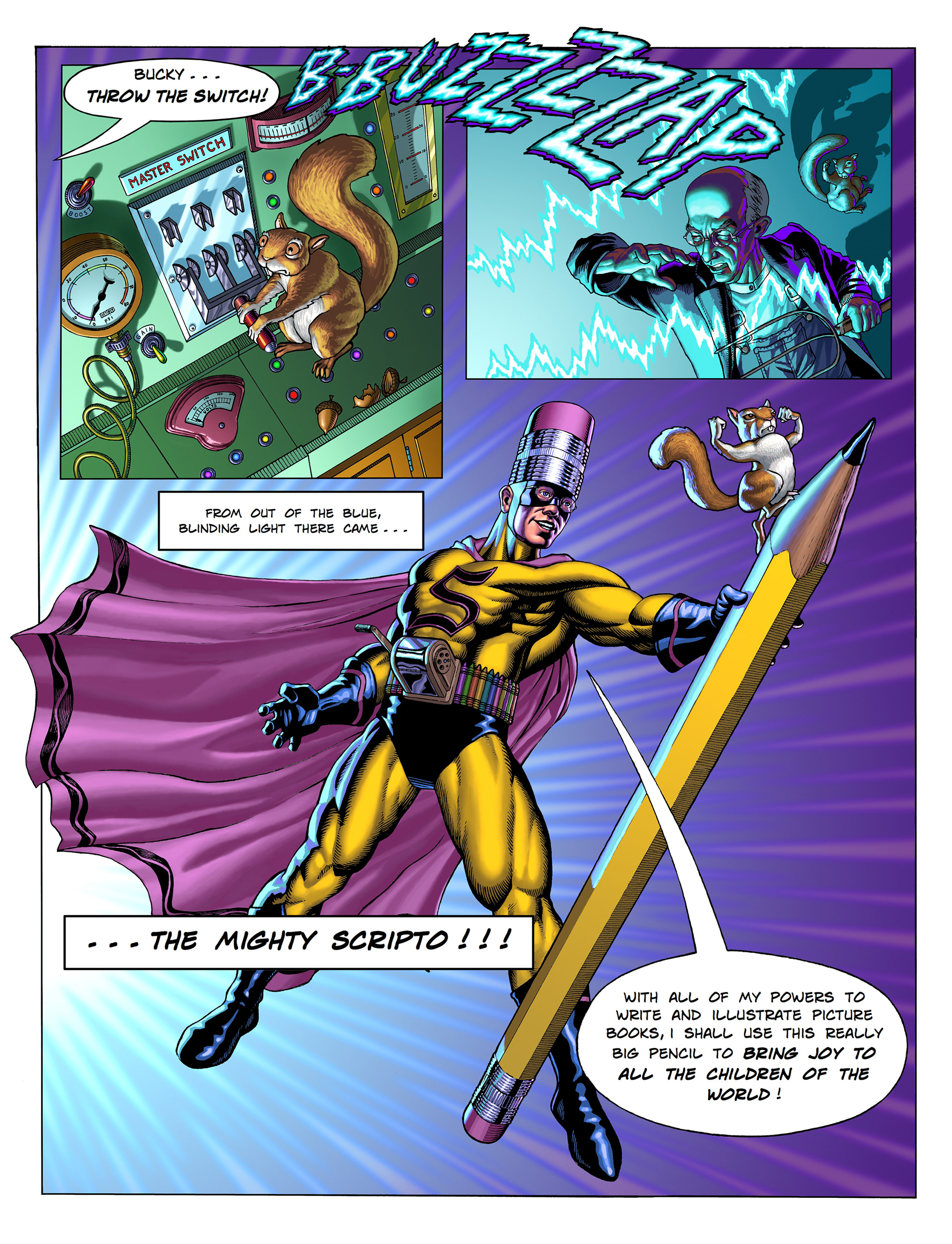 "The Mighty Scripto!", (2 of 2), ink drawings colored and composited in Photoshop