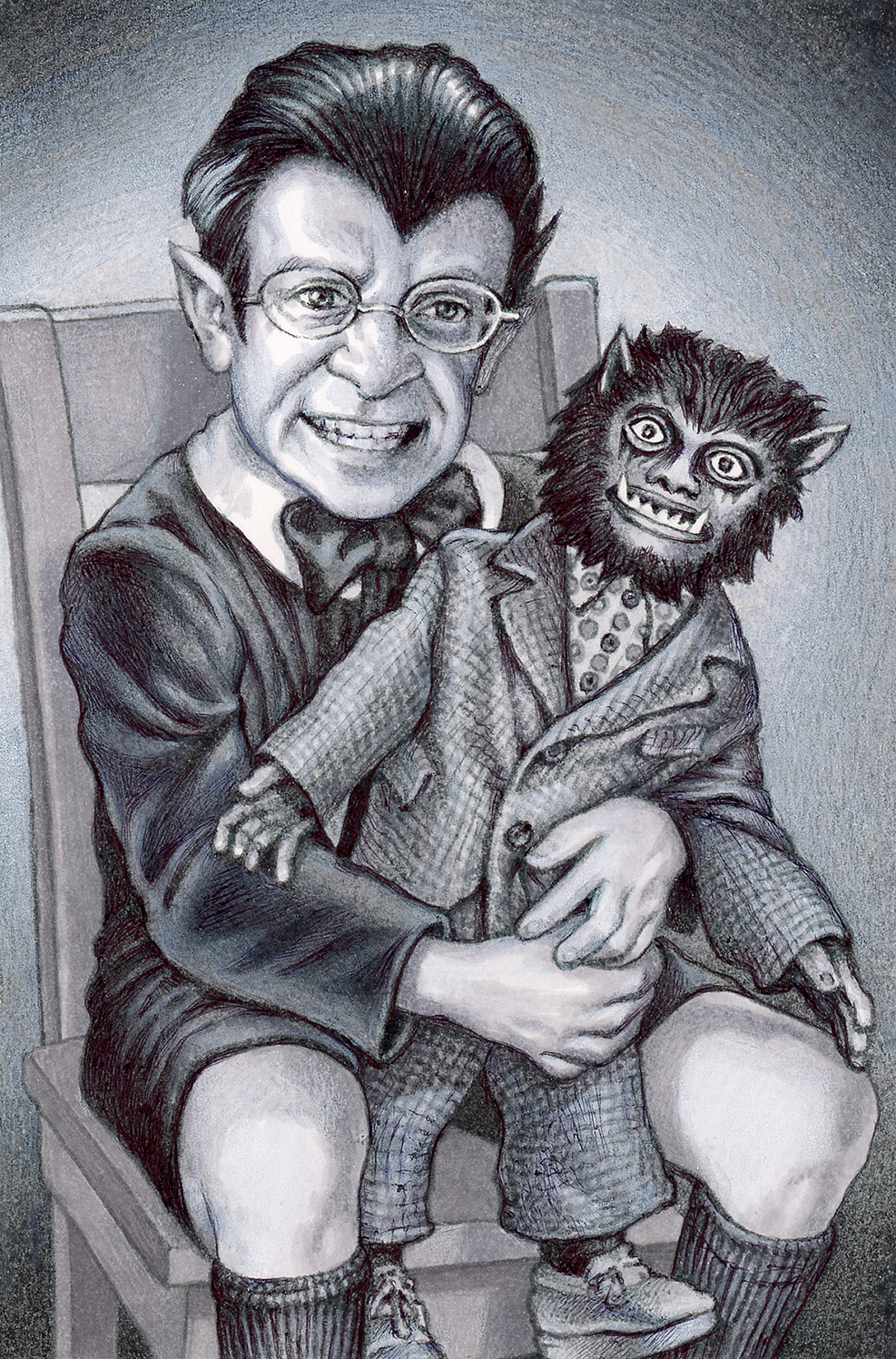 "Self-Portrait as Eddie Munster",  ink and white pencil on bristol board