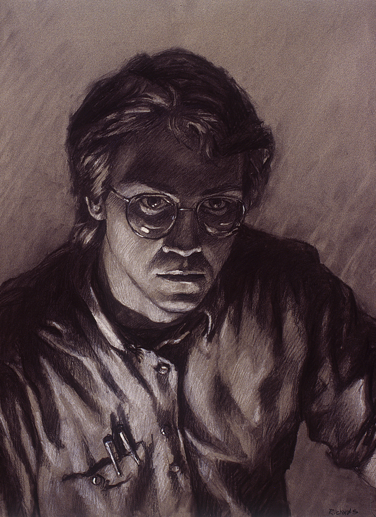 "Self-Portrait", charcoal and white conte' on gray paper