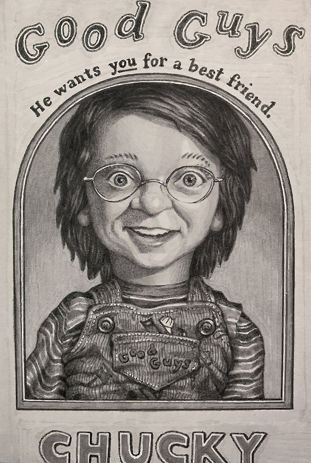 "Self-Portrait as Good Guy Chuckie",  ink on bristol board