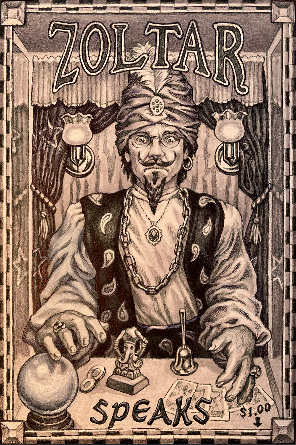 "Self-Portrait as Zoltar",  ink on bristol board