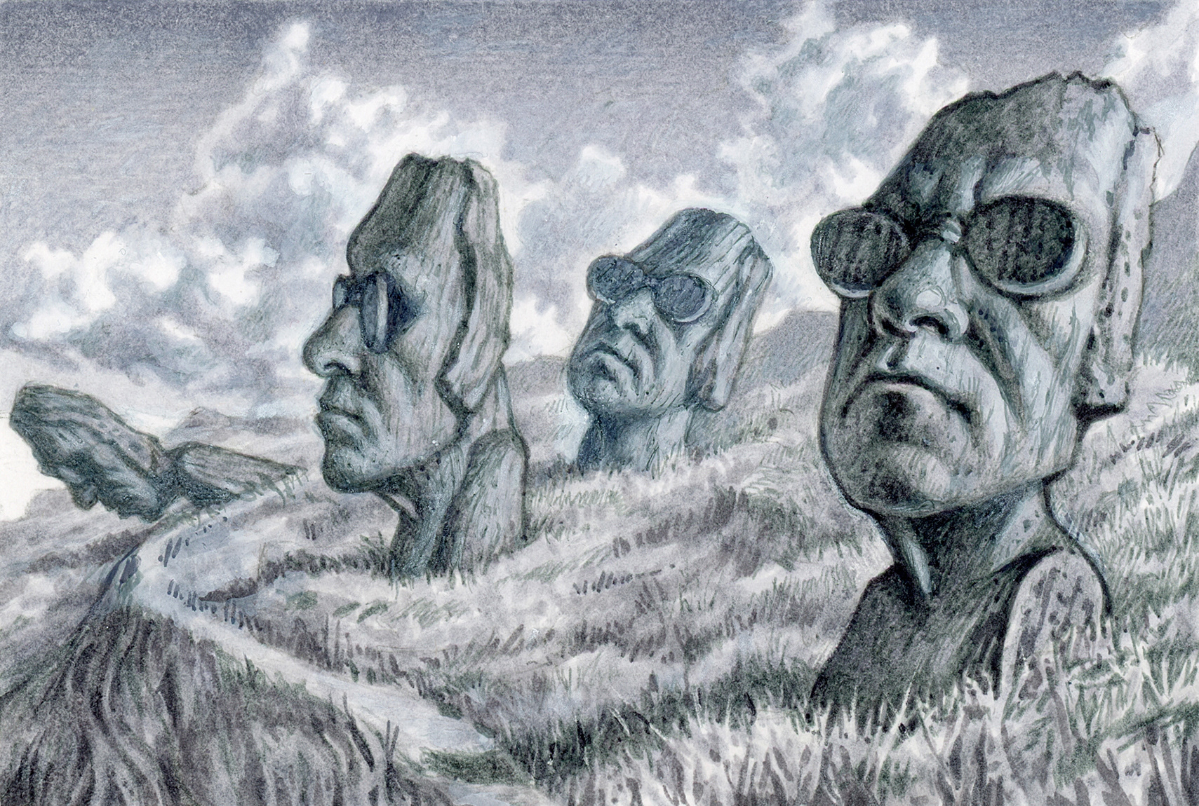 "Self-Portraits on Easter Island ", pen and markers on bristol board