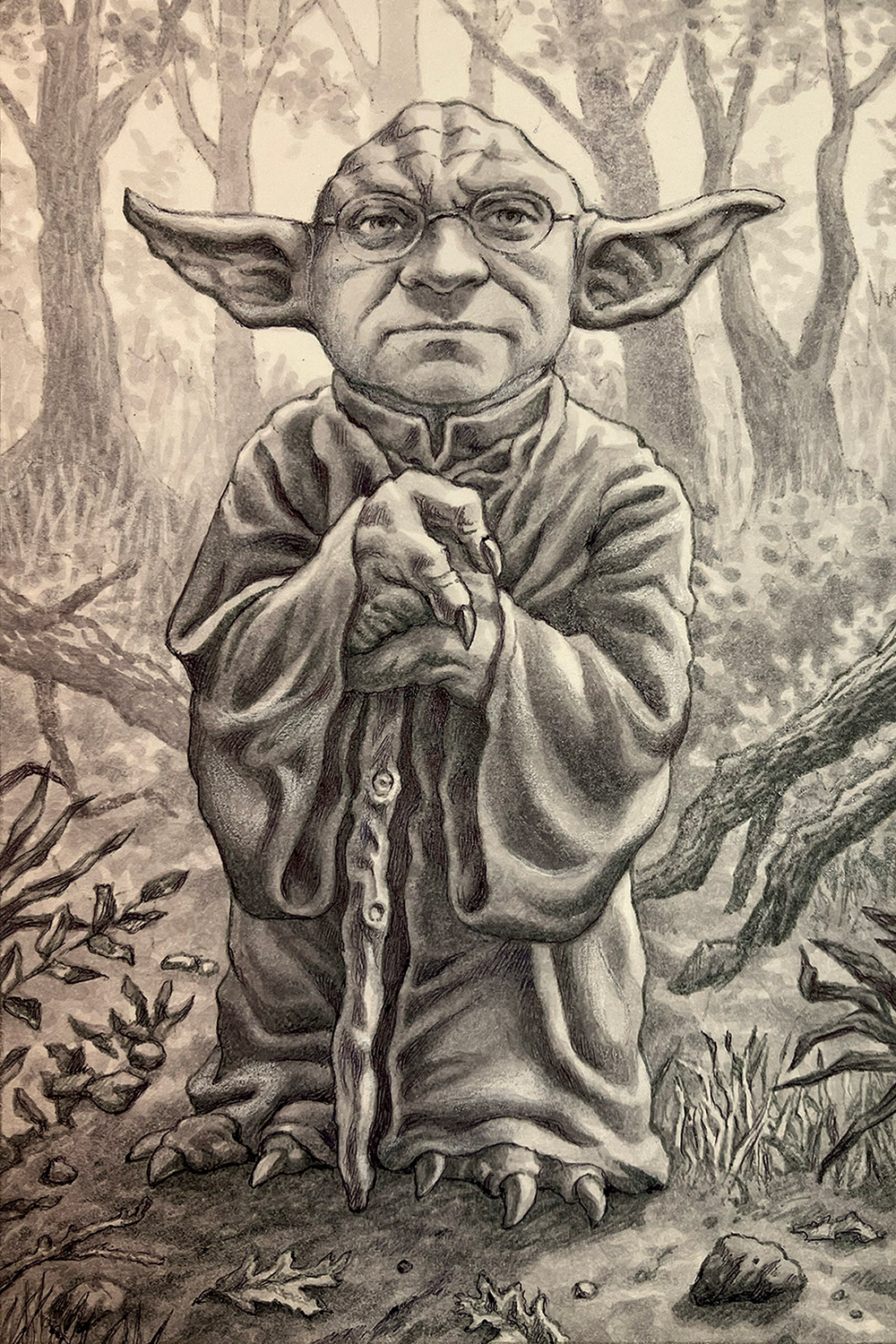 "Self-Portrait as Yoda",  ink on bristol board