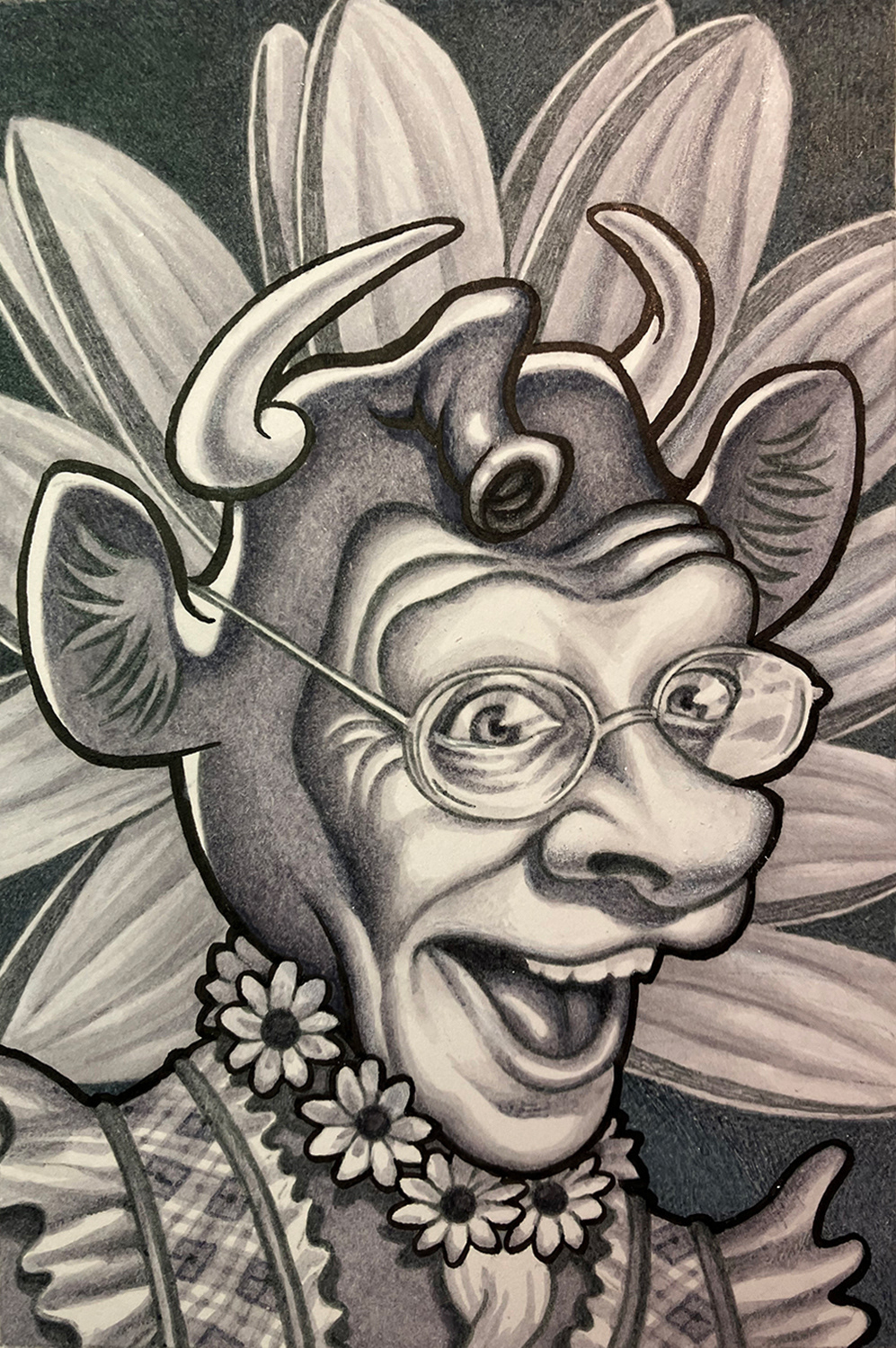 "Self-Portrait as Elsie the Cow",  ink on bristol board