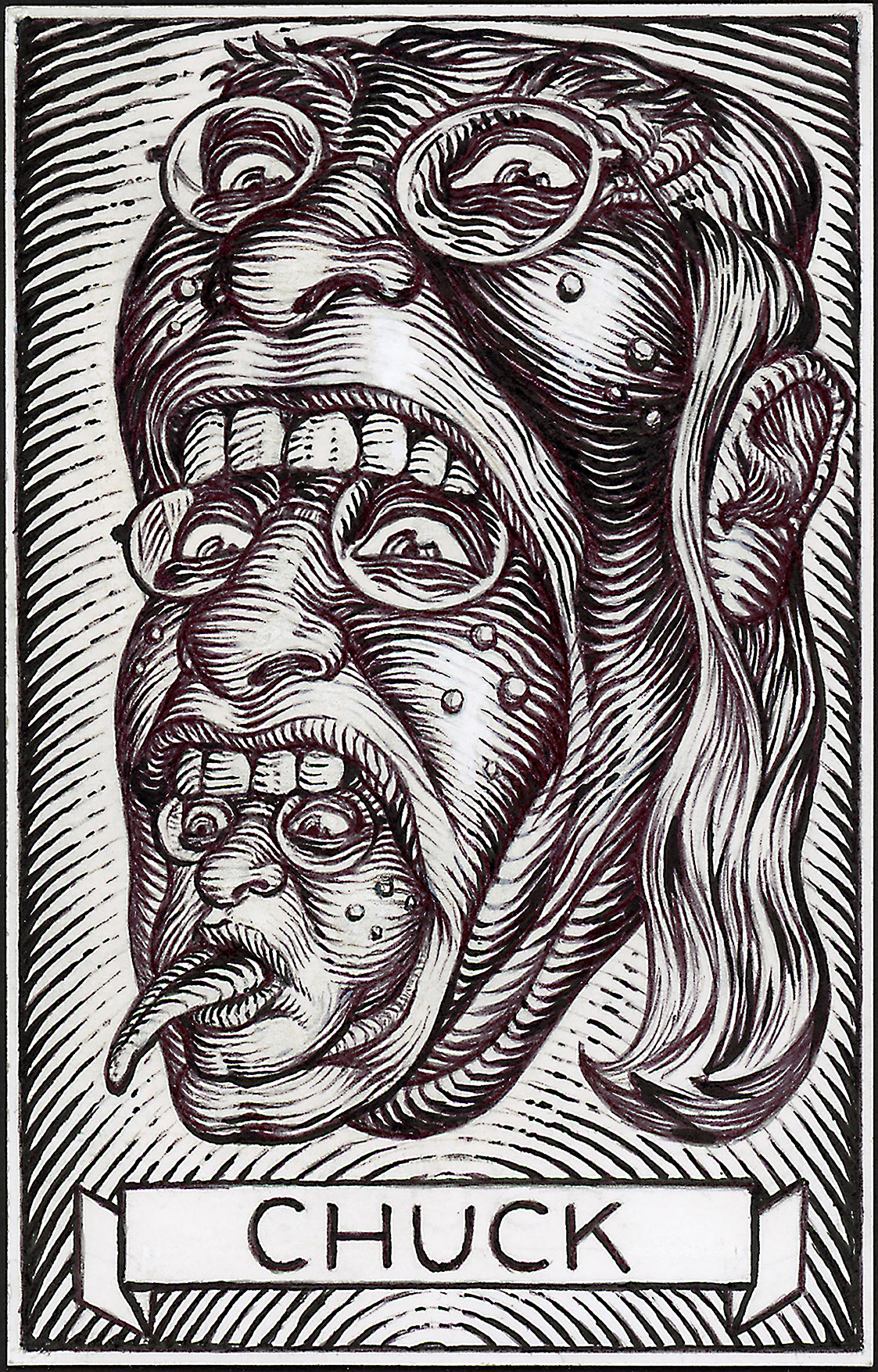 "Triple-Gulp Self-Portrait, inspired by a Topps Ugly Sticker", pen on bristol board