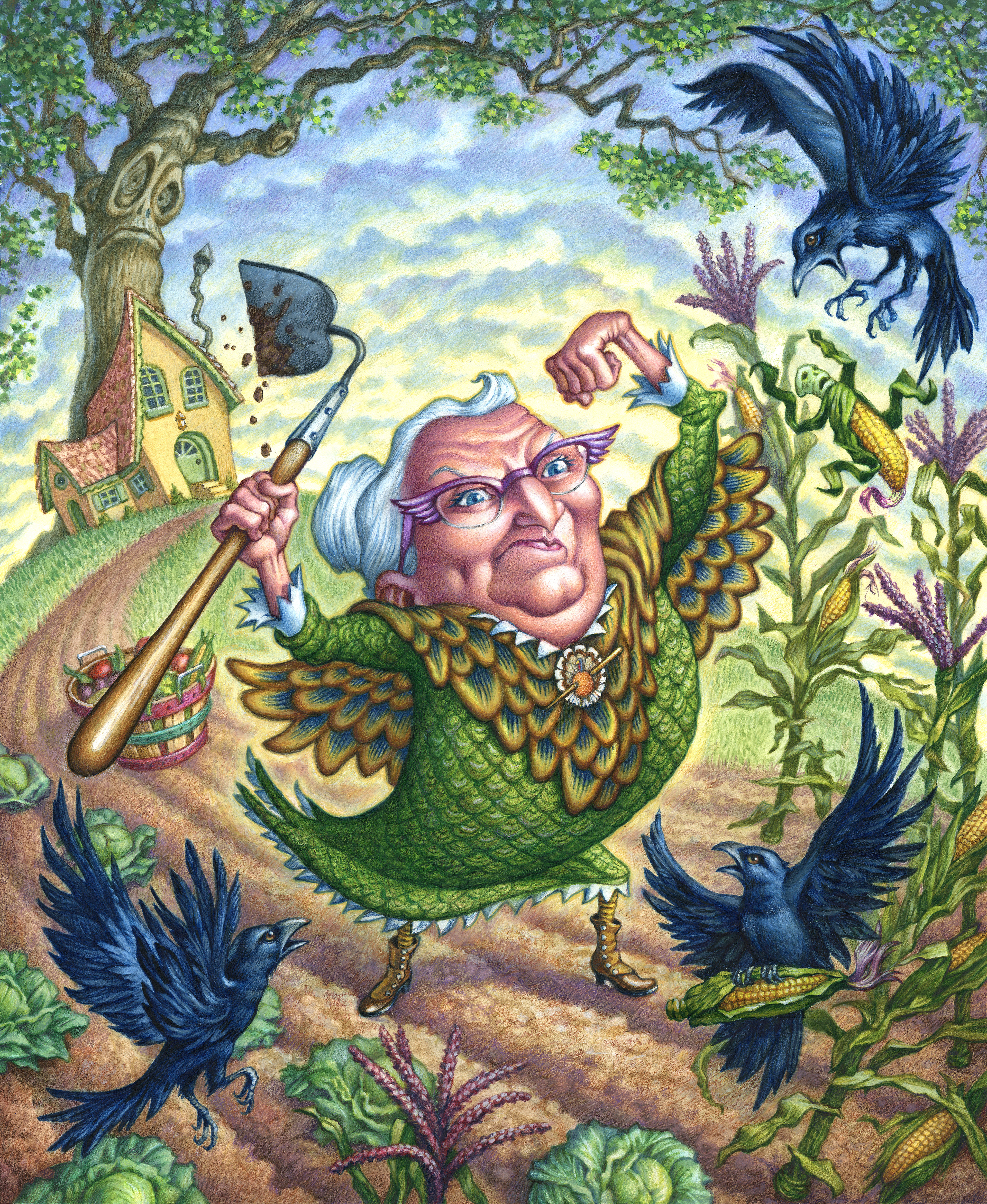 Book Proposal Concept Art, "The Nest Knitter", colored pencils over watercolor on paper, 15" x 12.5"