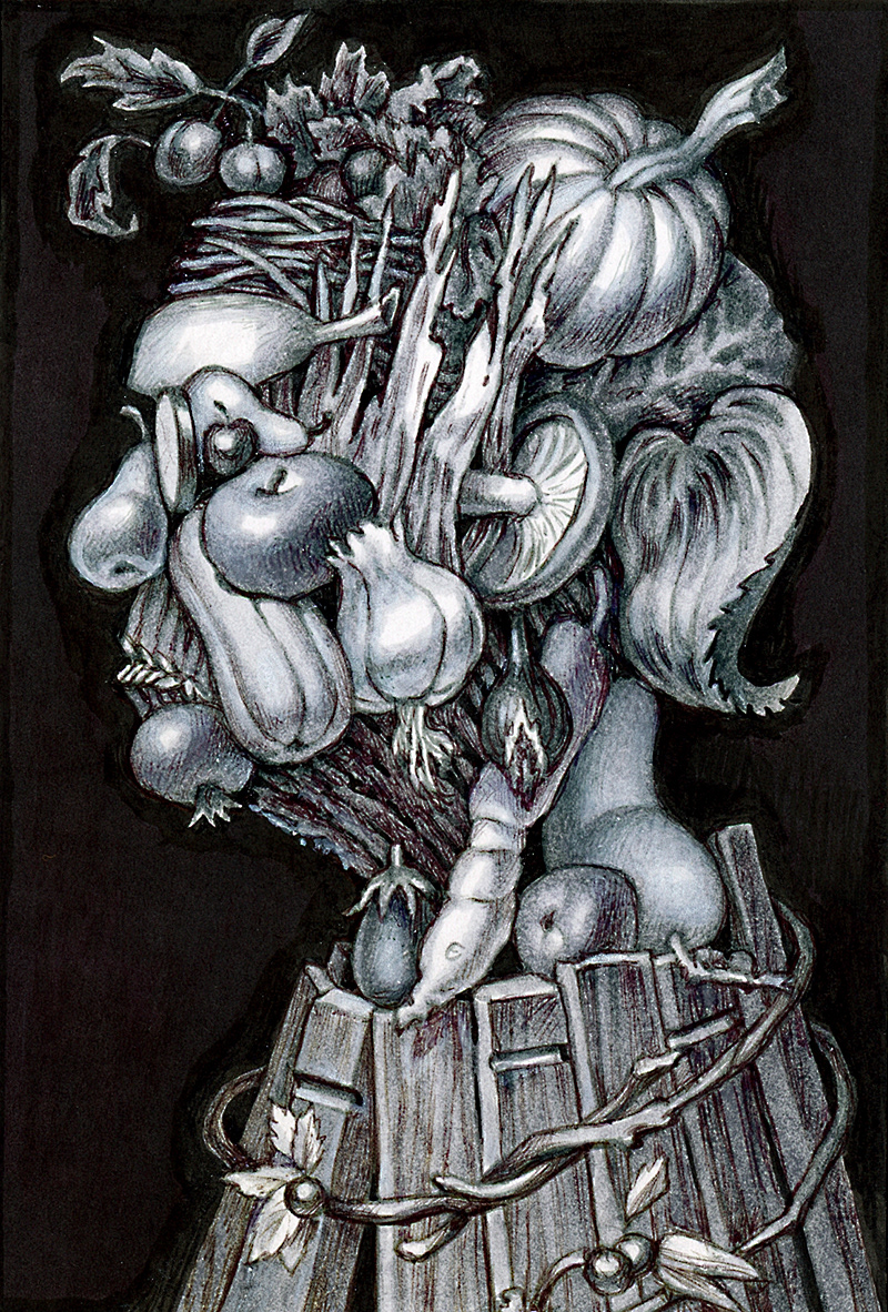 "Self-Portrait after Arcimboldo ", ballpoint pen and markers on bristol board