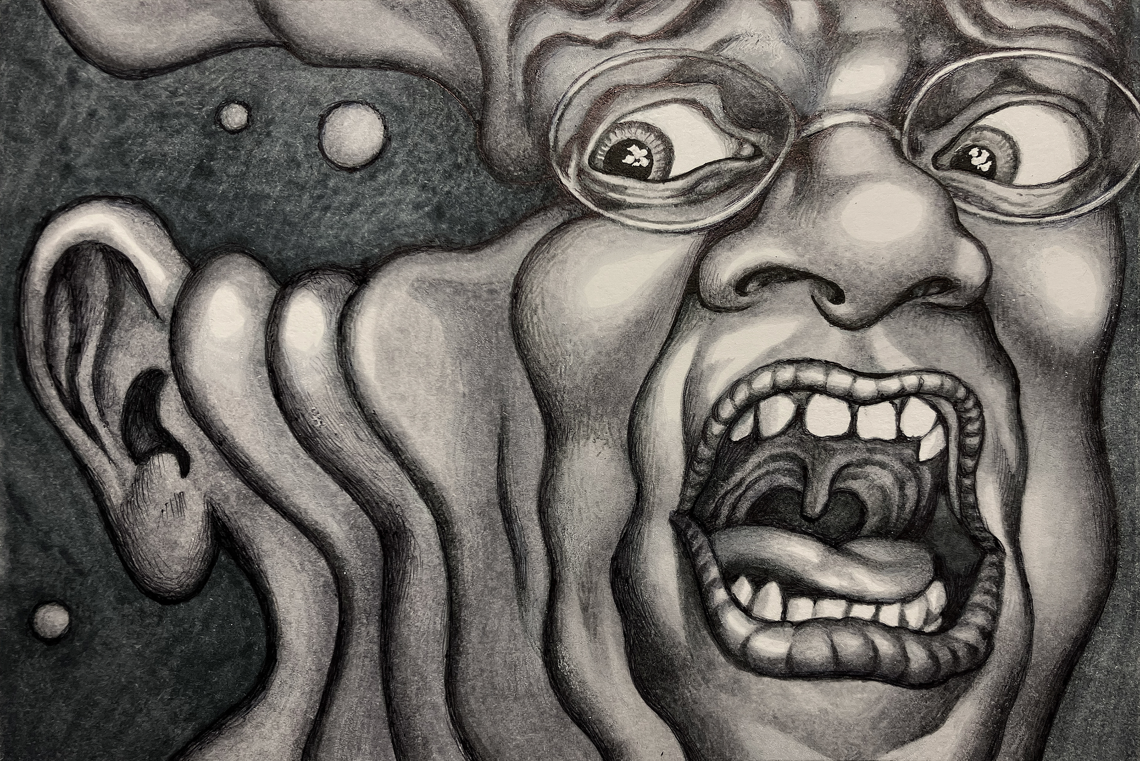 "Self-Portrait in the Court of the Crimson King", ink on bristol board
