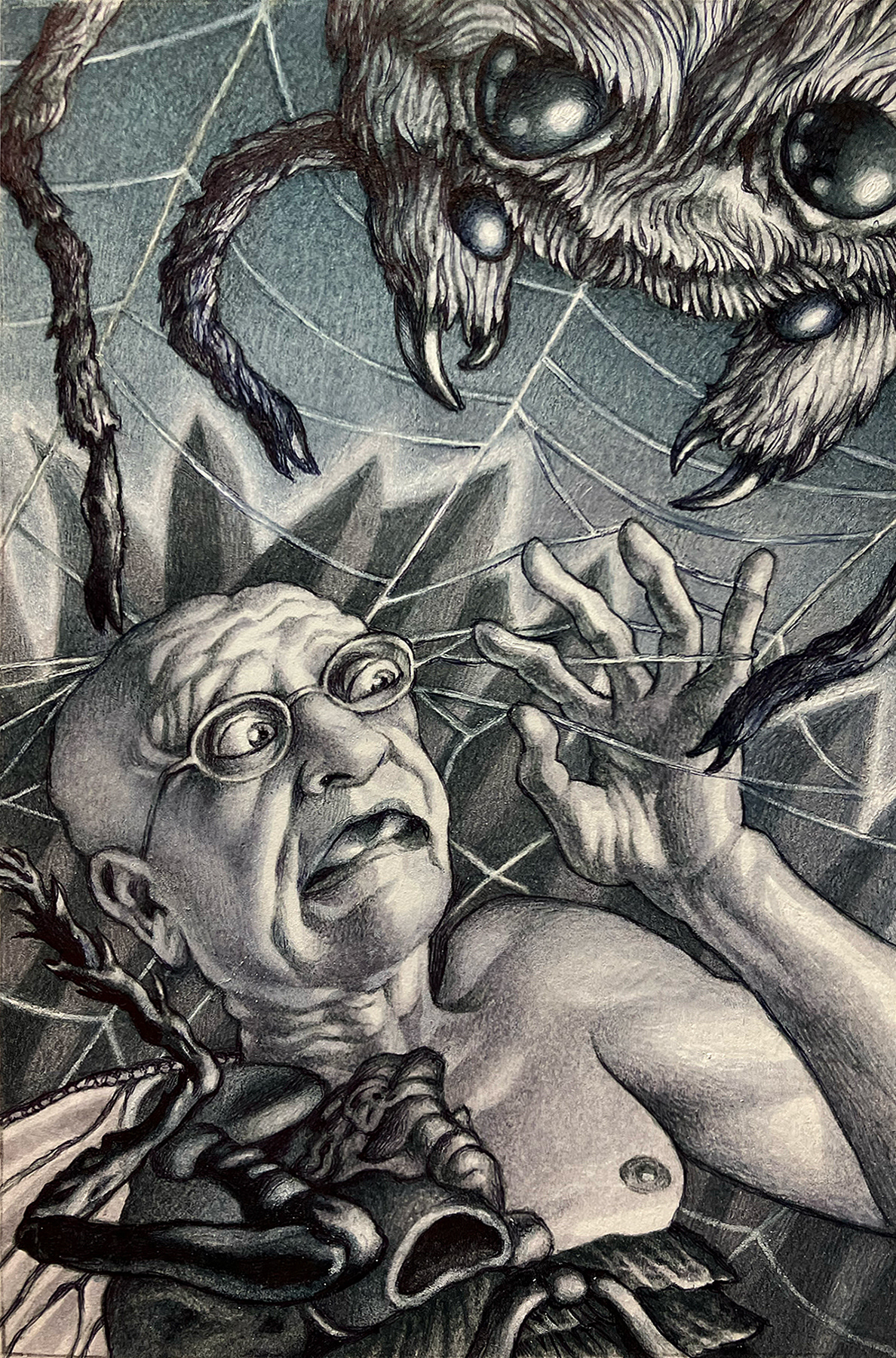 "Self-Portrait as The Fly",  ink and white colored pencil on bristol board