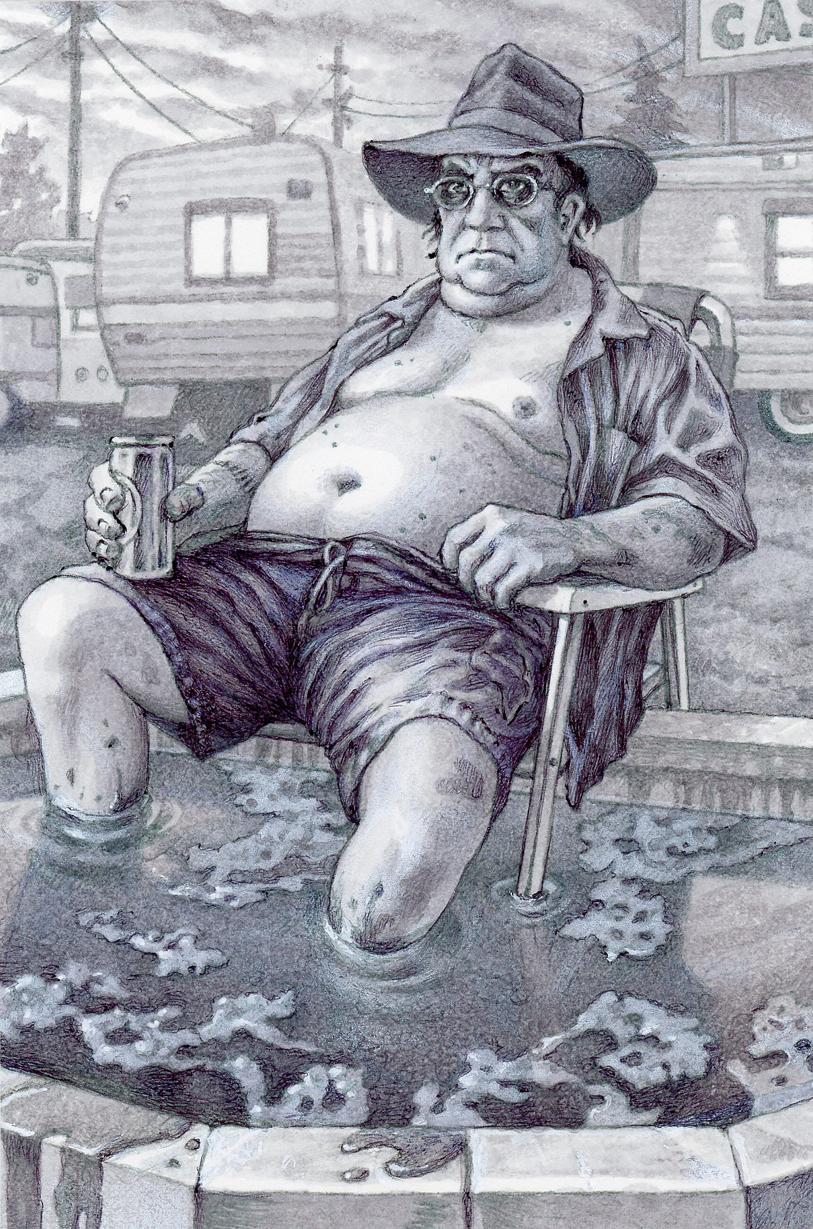 "Self-Portrait as Trailerpark Boogey",  ink on bristol board