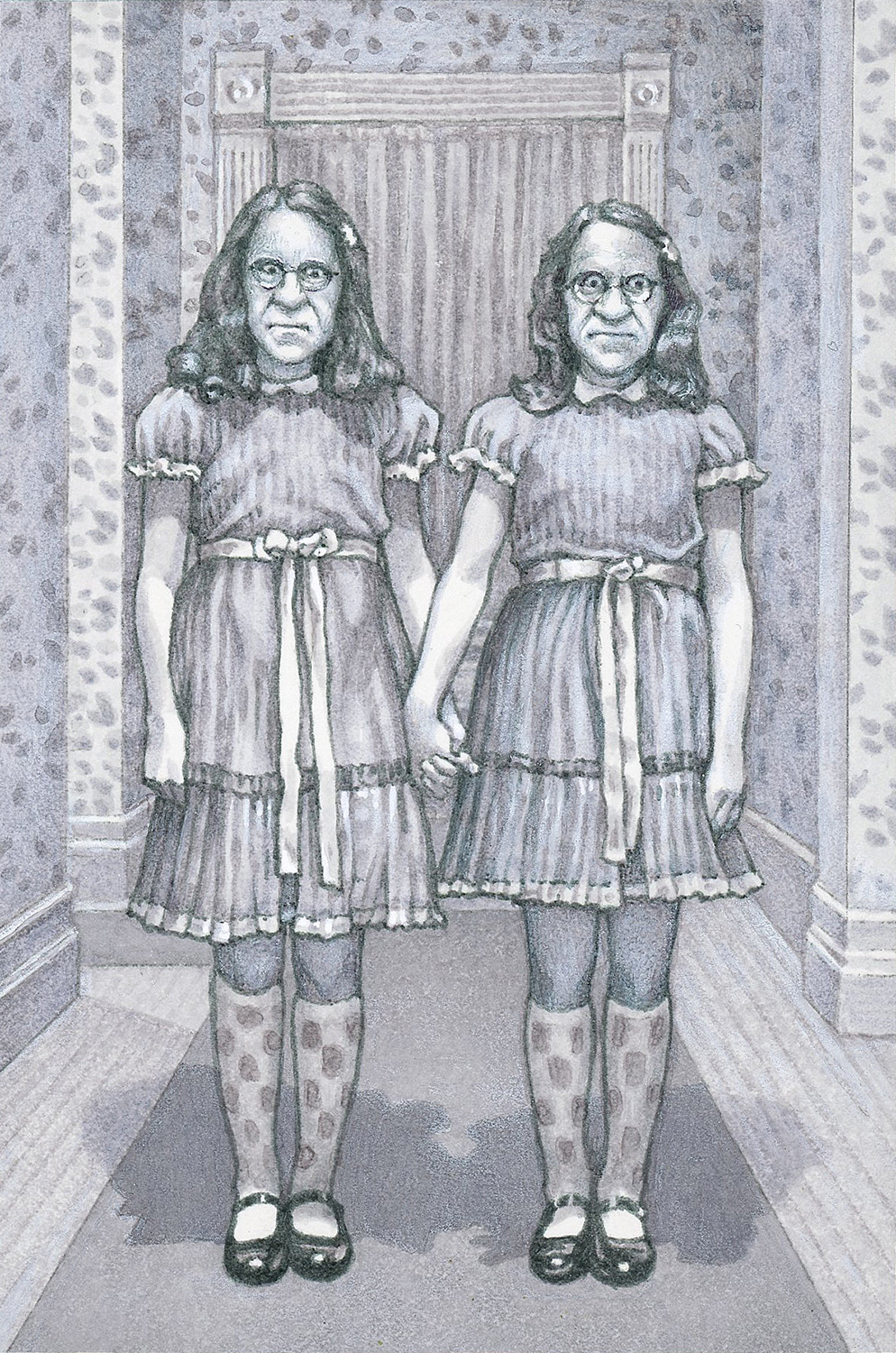 "Self-Portraits as the Grady Twins", ink on bristol board