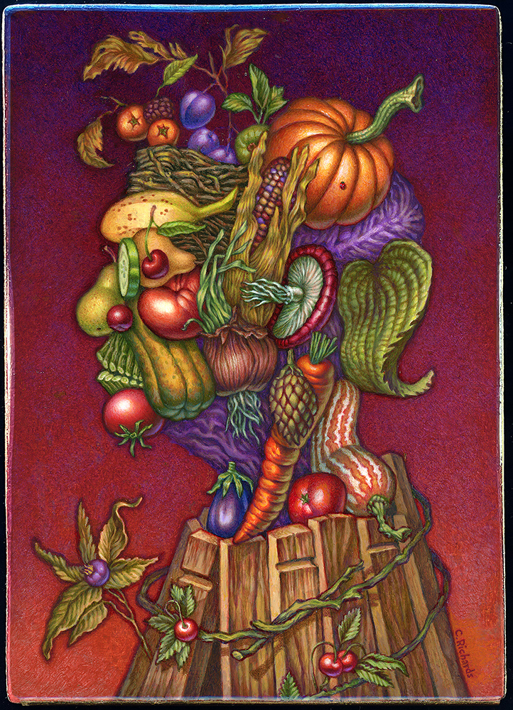 "Self-Portrait in the Manner of Giuseppe Arcimboldo",  oil on panel with gold leaf edging