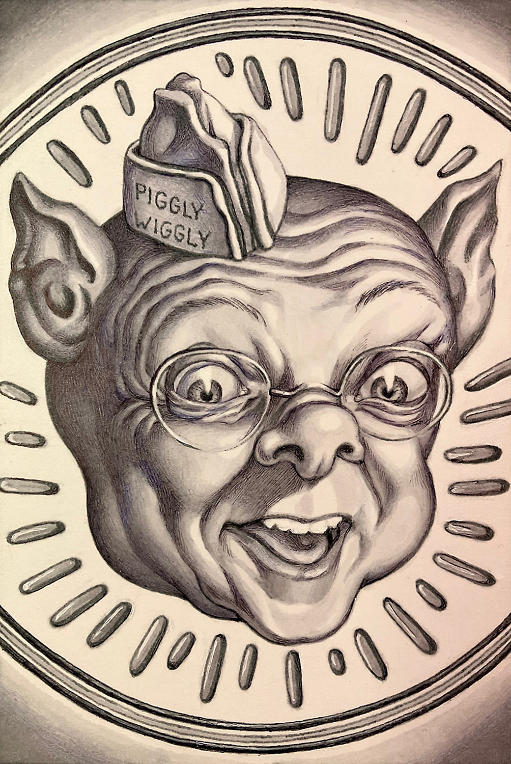 "Self-Portrait as Piggly Wiggly",  ink on bristol board