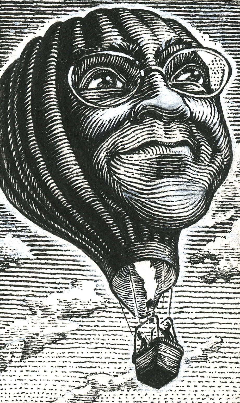"Self-Portrait as a Hot Air Balloon ", pen on bristol board