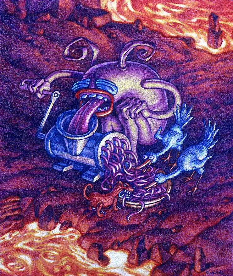 "Tongue Grinder", colored pencils on magenta paper