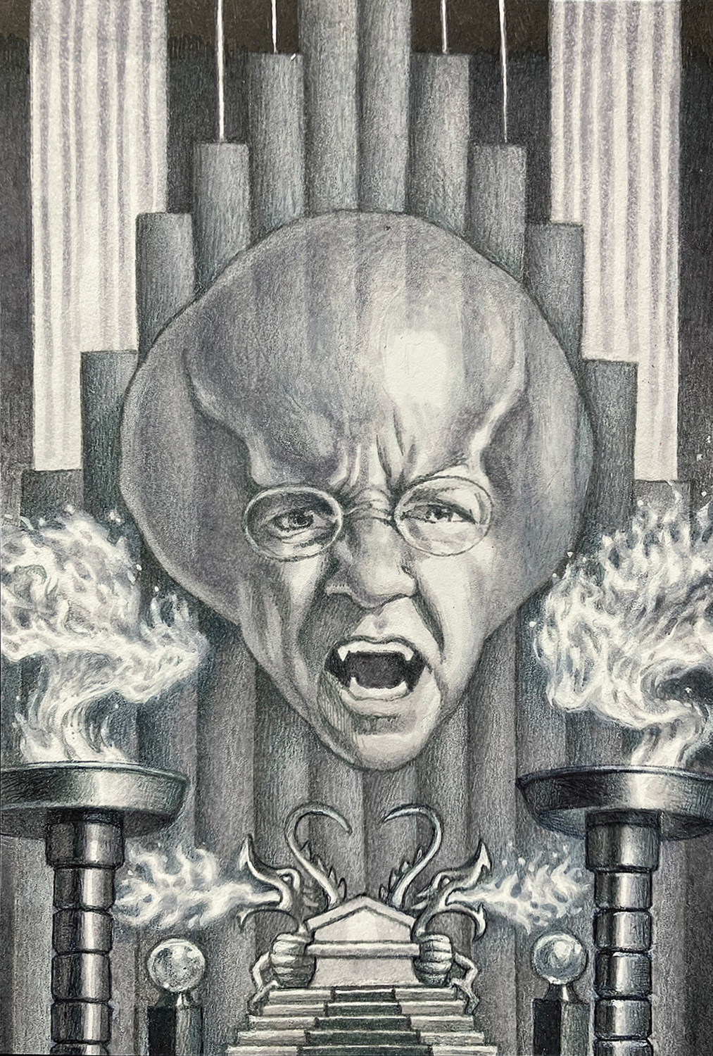 "Self-Portrait as the Wizard of Oz",  ink, white gouache, white pencil on bristol board